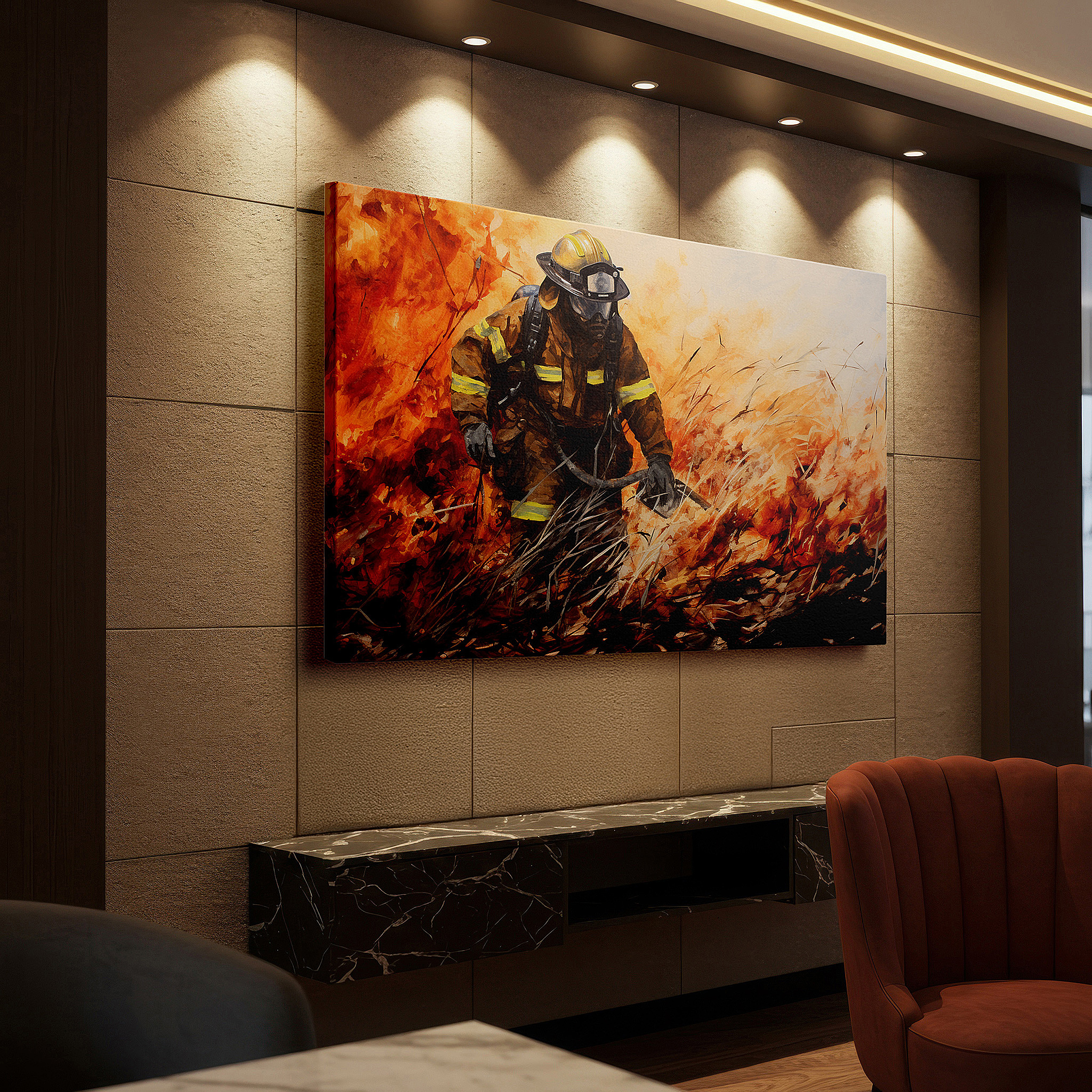 Gently illuminated by ambient lighting in an entryway — heroic firefighter confronts inferno: large canvas wall art for office and bedroom decor