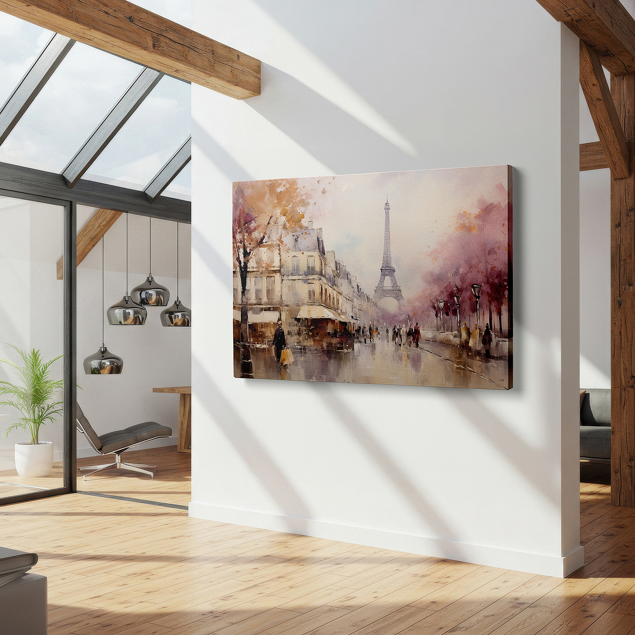 Gently illuminated by ambient lighting in an entryway — impressionist dream of paris in spring: eiffel tower and blossoming trees large canvas wall art for home and office decor
