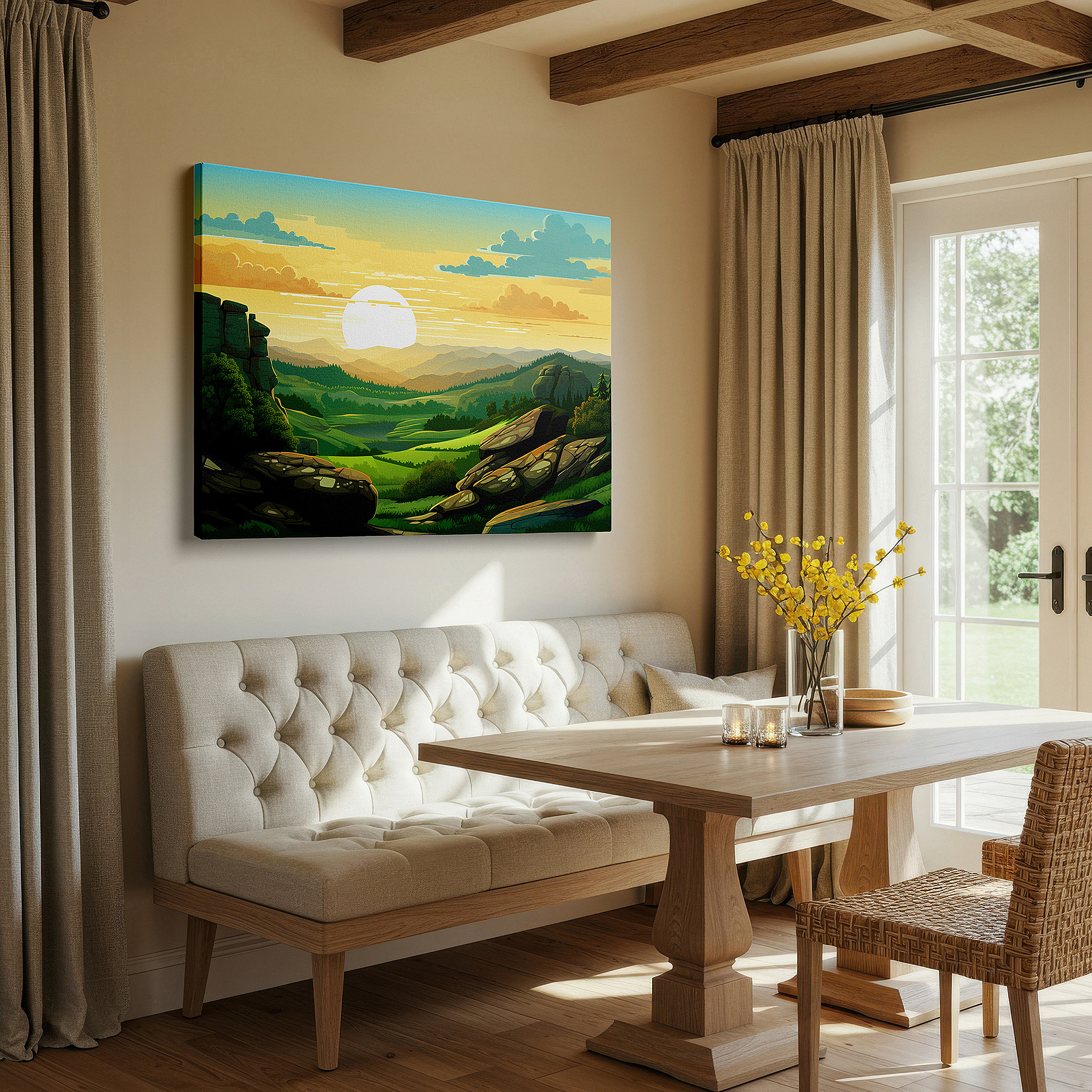 Gently illuminated by ambient lighting in an entryway — inspiring sunrise above majestic cliffs: serene and energizing large wall art for inspiring spaces, canvas wall art, wall decor for offices