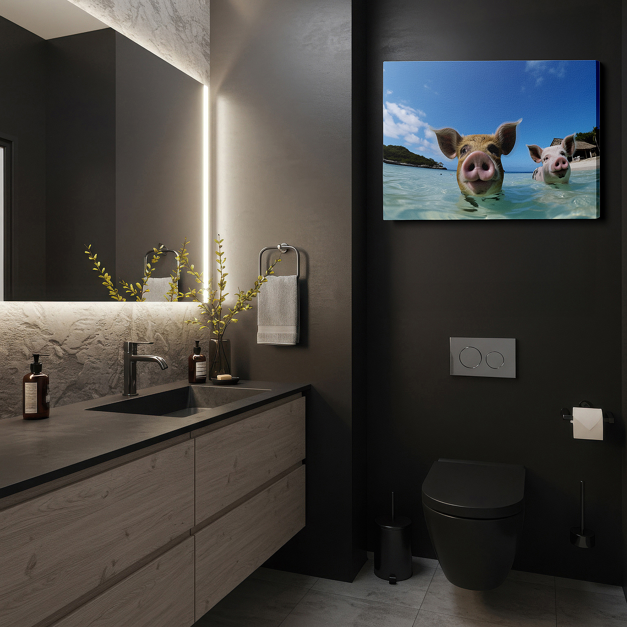 Gently illuminated by ambient lighting in an entryway — joyful piglets playing in tropical waters beneath a blue sky - large canvas wall art for office, bedroom, and living room decor