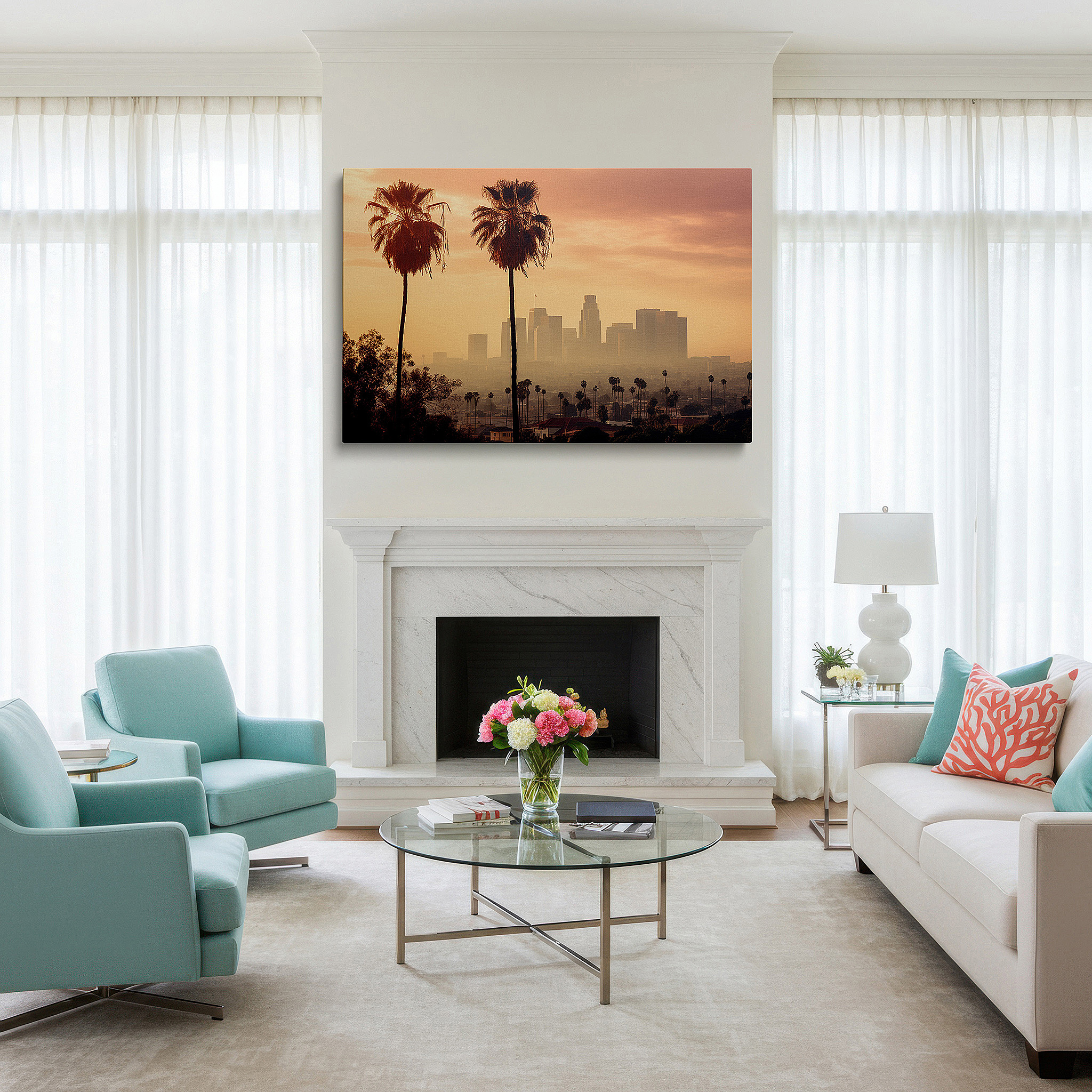 Gently illuminated by ambient lighting in an entryway — los angeles sunset wall art: serene city and nature fusion - large canvas for home and office decor, perfect for living room and bedroom
