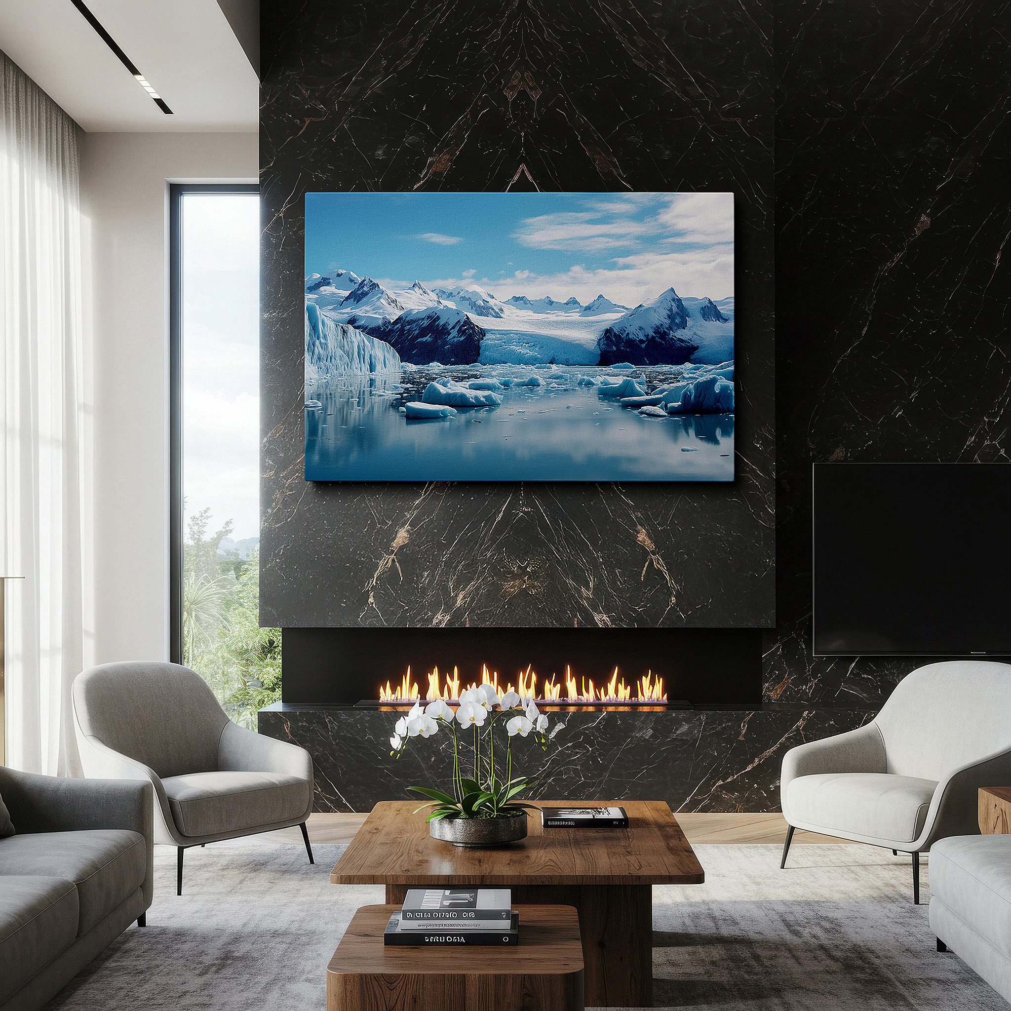 Gently illuminated by ambient lighting in an entryway — majestic icebergs and towering mountains in a serene icy wilderness: large canvas wall art for office and bedroom decor
