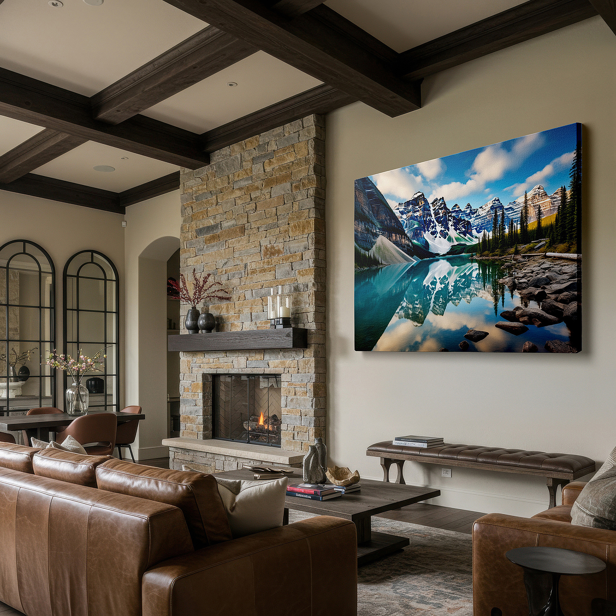 Gently illuminated by ambient lighting in an entryway — majestic mountain peaks and serene lake reflections large wall art, canvas wall art, wall decor for office and bedroom