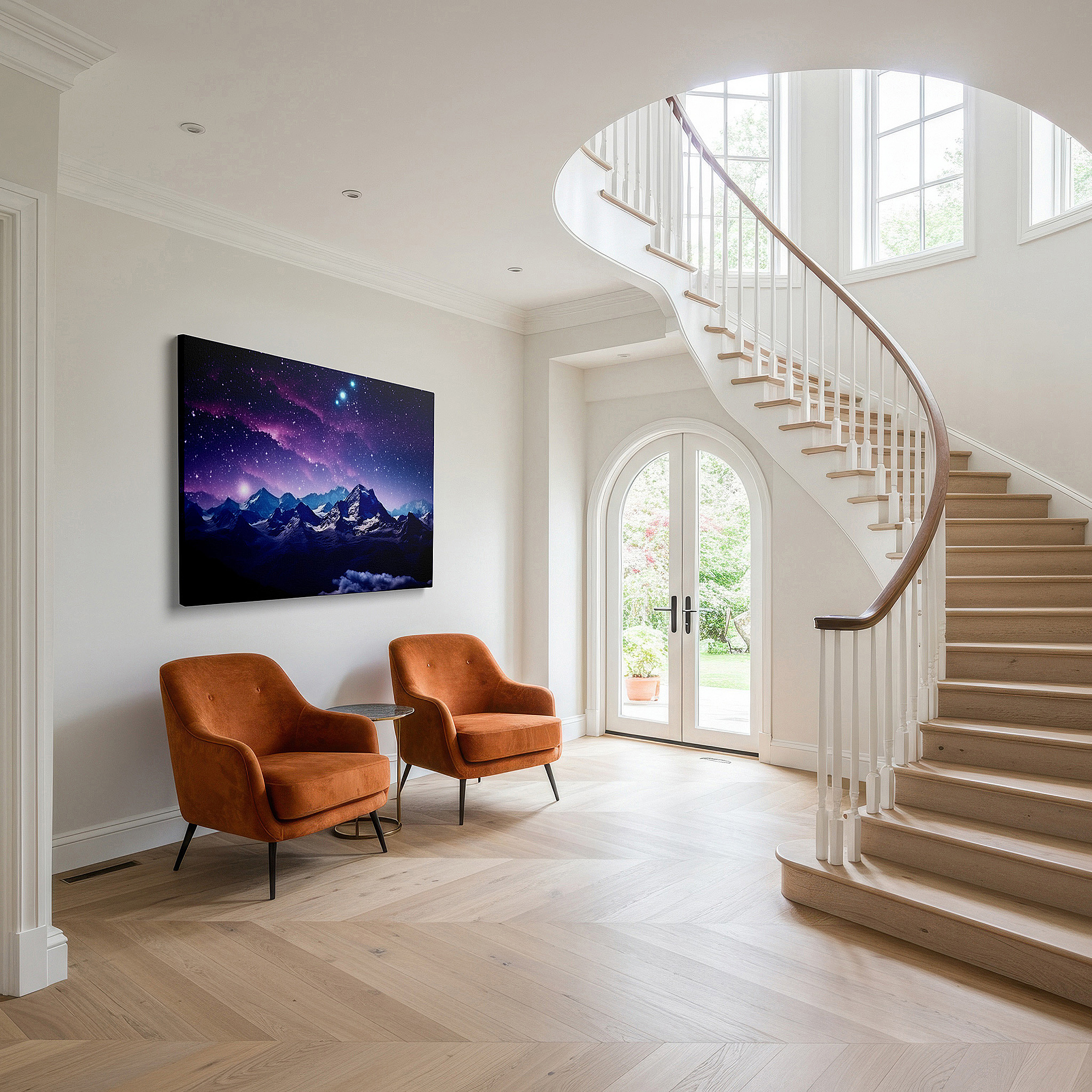 Gently illuminated by ambient lighting in an entryway — majestic mountains beneath a cosmic sky: a celestial play of light and shadow - large canvas wall art for office decor
