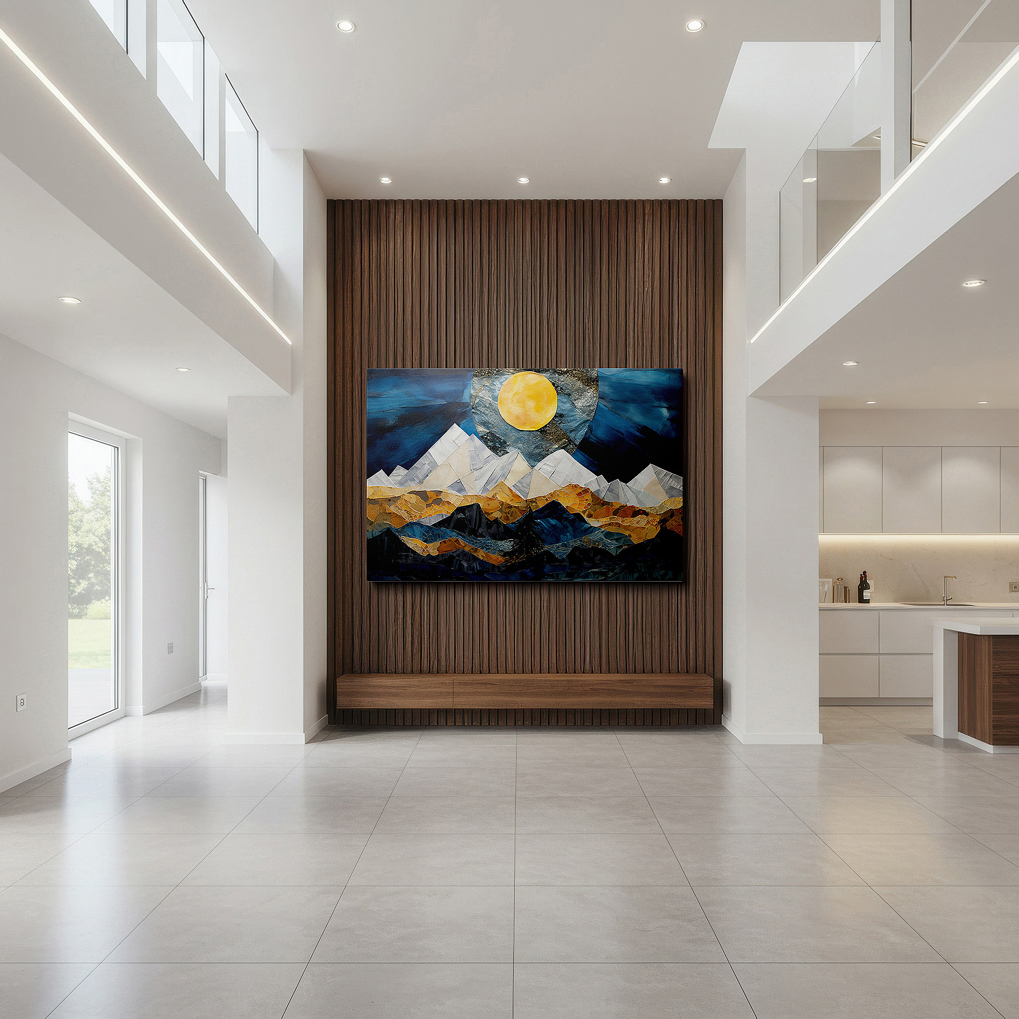 Gently illuminated by ambient lighting in an entryway — majestic mountains beneath a radiant moon, enchanting night scene illuminated by ethereal light, large wall art, canvas wall art, wall decor, office wall art
