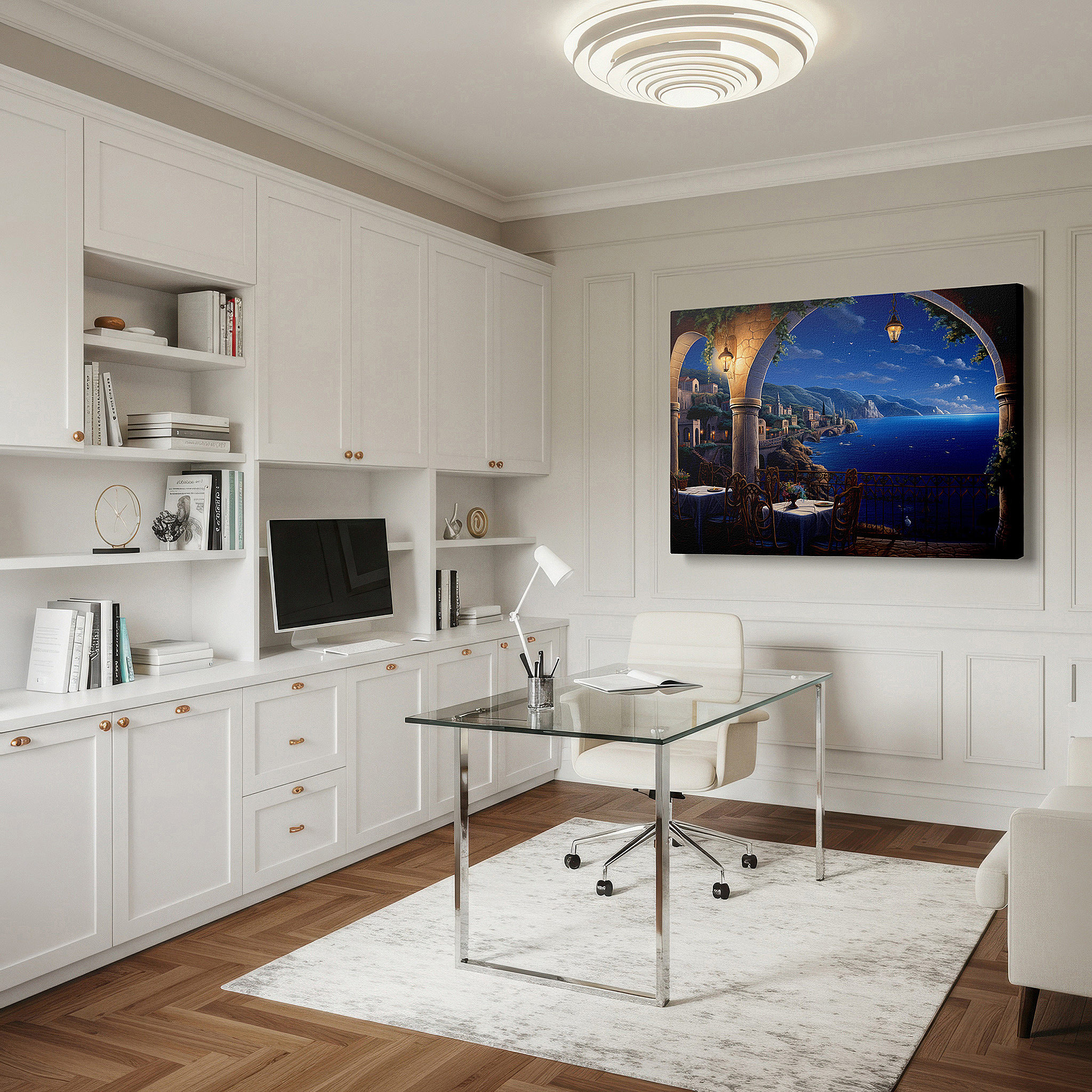 Gently illuminated by ambient lighting in an entryway — mediterranean retreat canvas wall art featuring sunset glow and serene sea views for office, bedroom, and living room decor