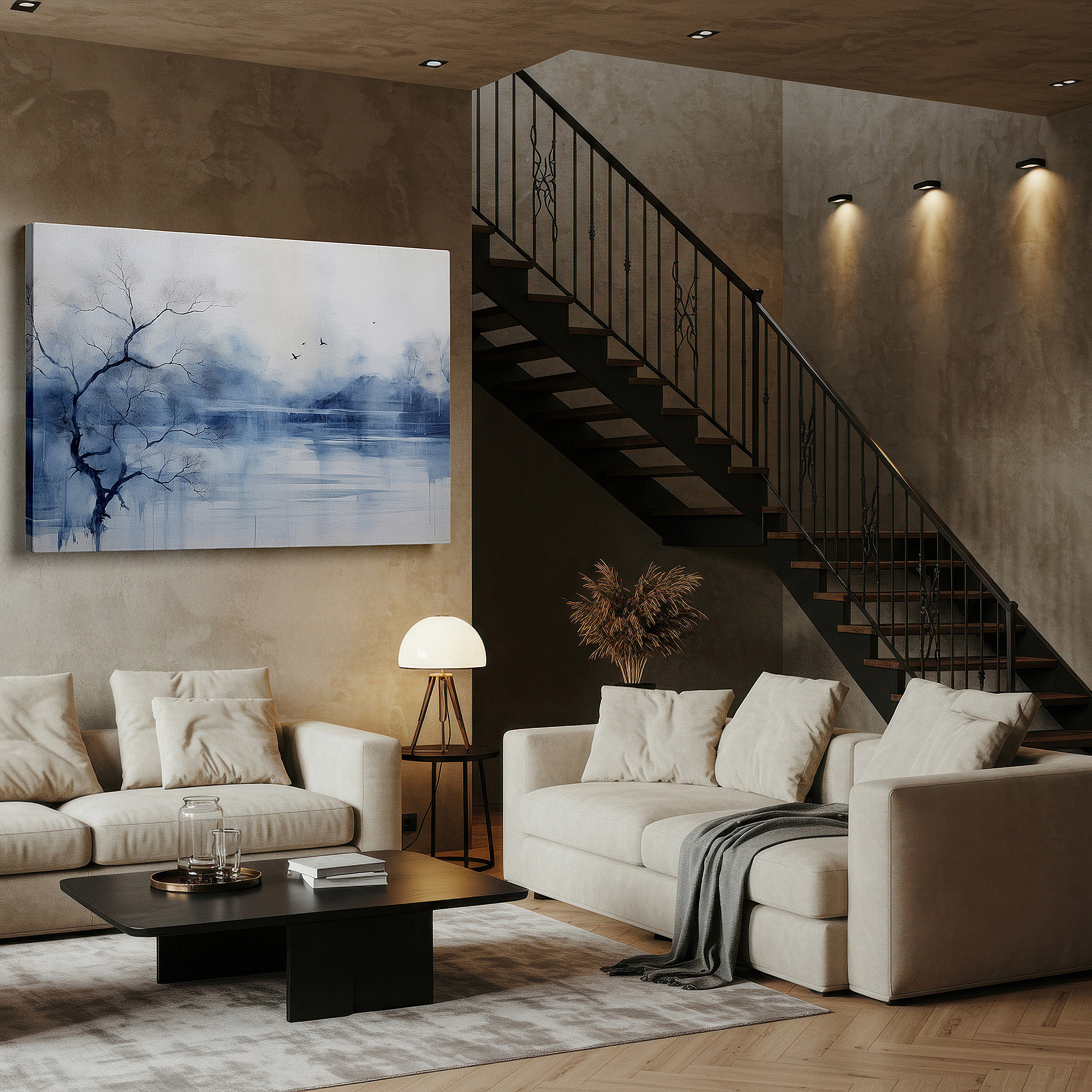 Gently illuminated by ambient lighting in an entryway — misty mountains and serene lake tranquil landscape large canvas wall art for office, bedroom, and living room decor
