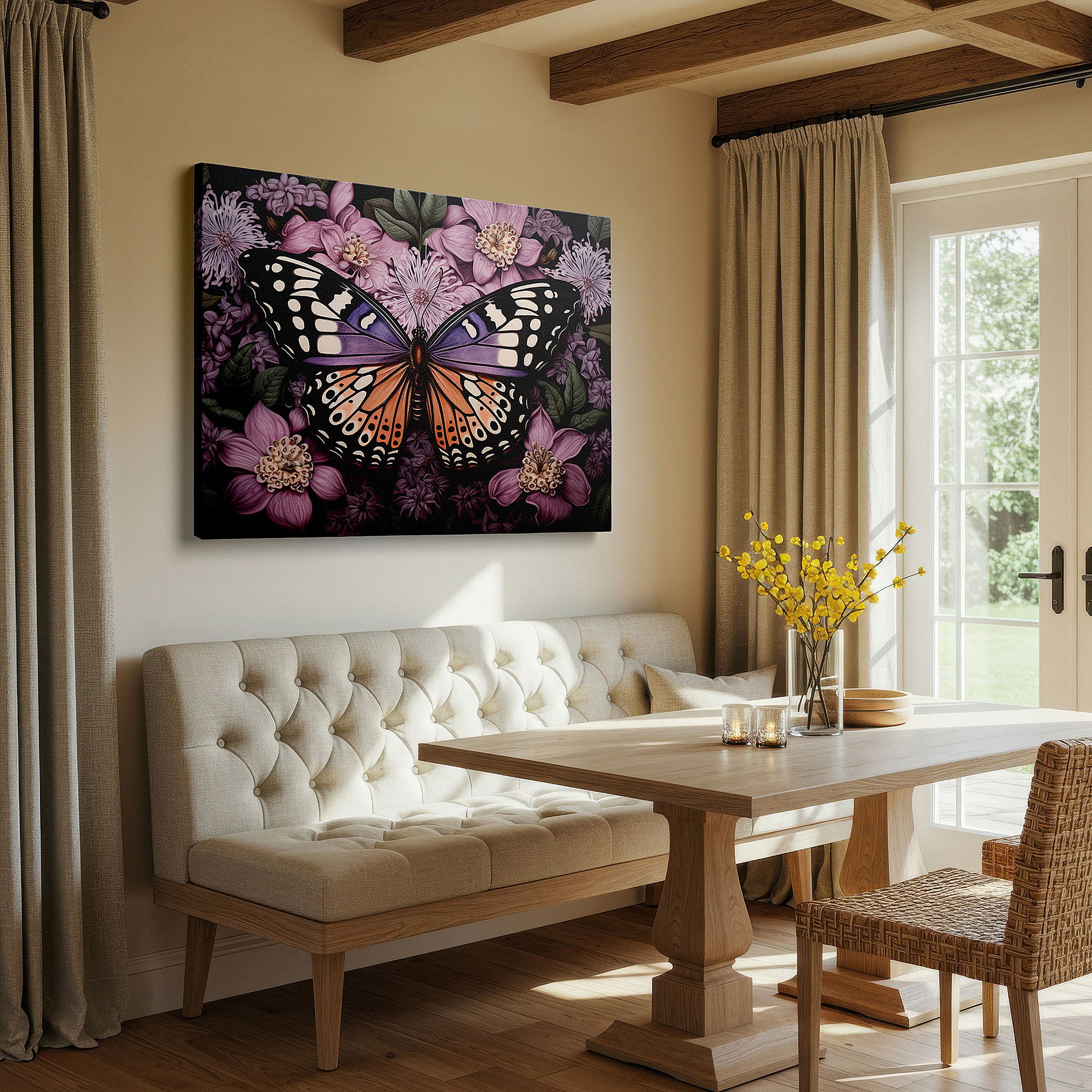 Gently illuminated by ambient lighting in an entryway — monarch butterfly resting on colorful flowers, tranquil nature landscape, large canvas wall art for home and office decor