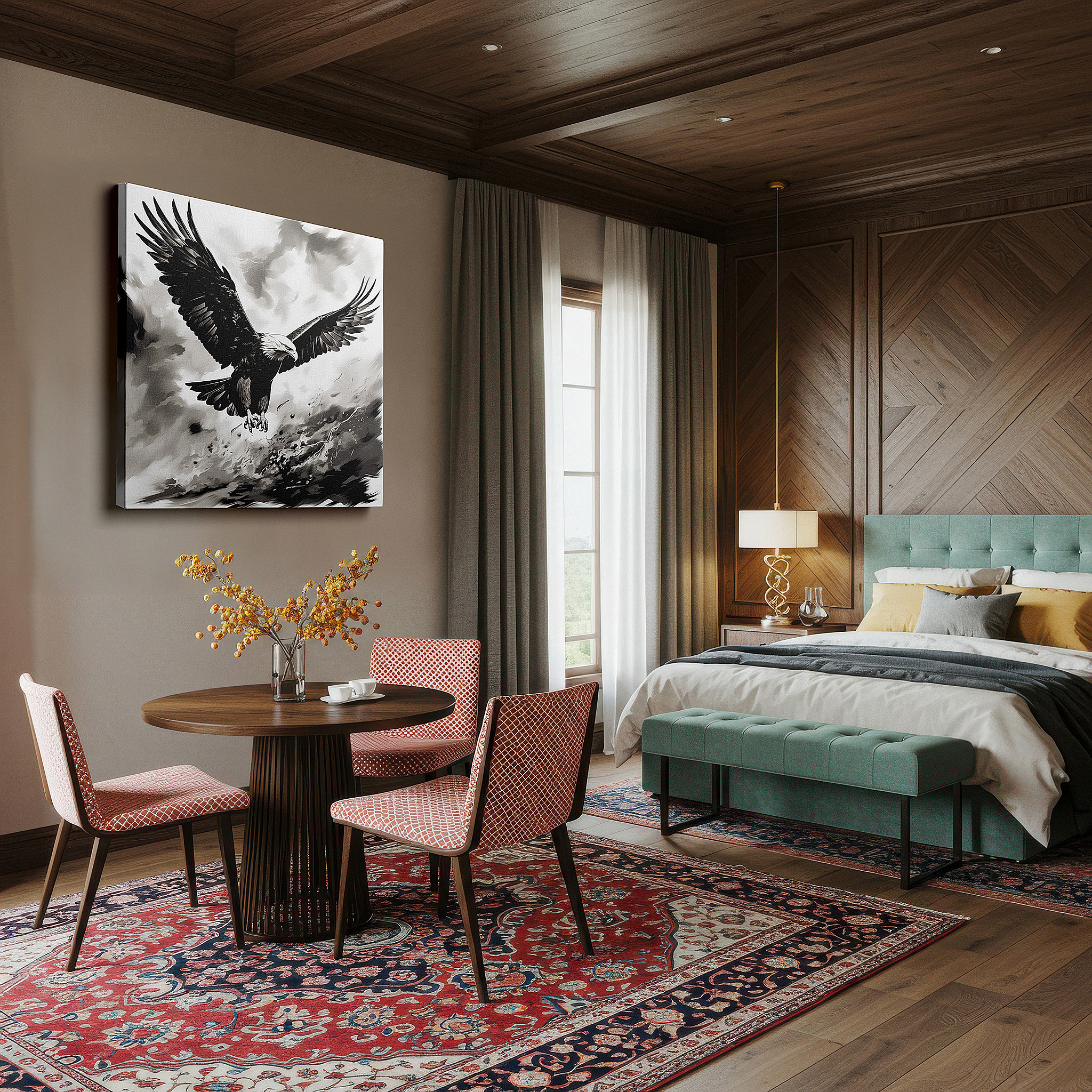 Gently illuminated by ambient lighting in an entryway — monochrome majestic eagle soaring in turbulent skies large canvas wall art for office and bedroom decor