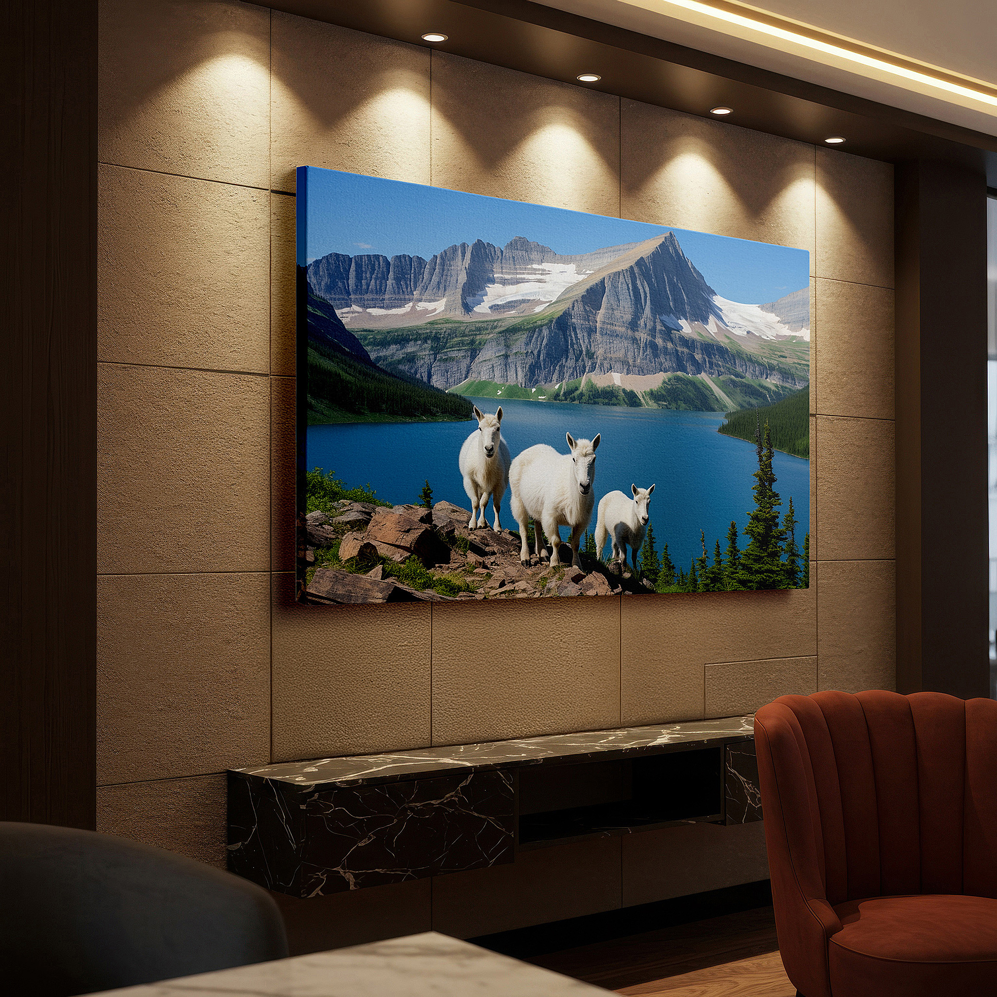 Gently illuminated by ambient lighting in an entryway — mountain goats on rugged terrain with glacial lake view large wall art, canvas wall art, wall decor for office and bedroom