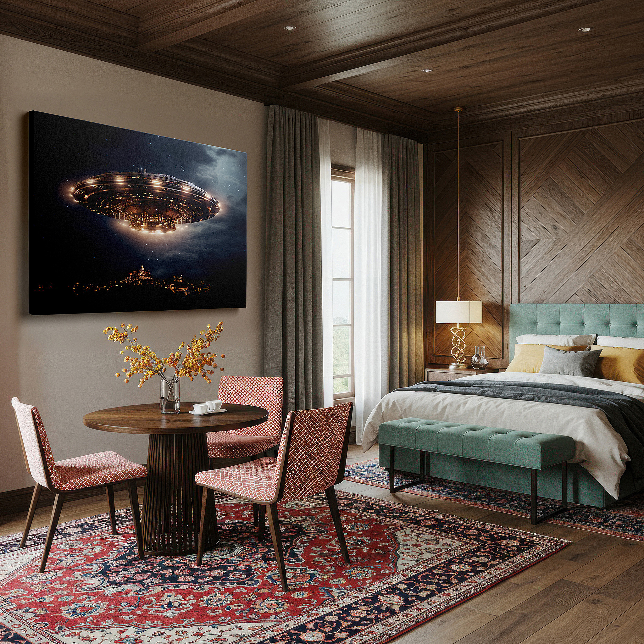 Gently illuminated by ambient lighting in an entryway — mysterious ufo hovers above city surrounded by mountains, emitting a magical radiance - large wall art, canvas wall art, wall decor for office and bedroom