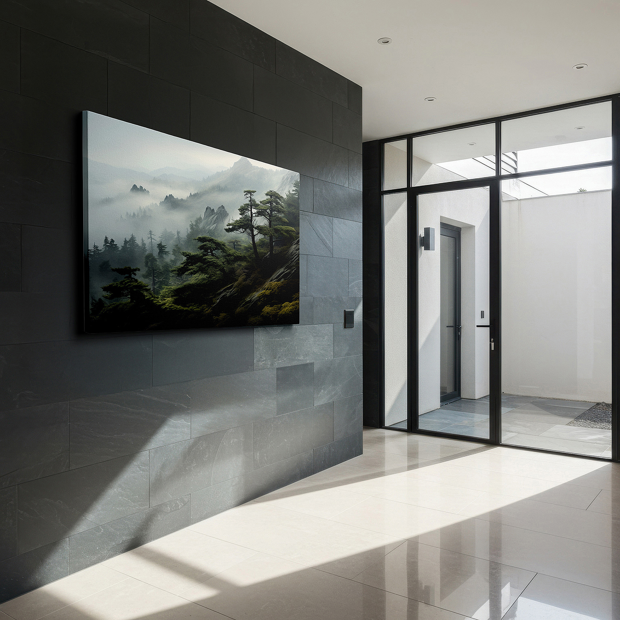 Gently illuminated by ambient lighting in an entryway — mystical mountain landscape in mist wall art: serene wilderness masterpiece for large canvas decor, ideal for office and bedroom