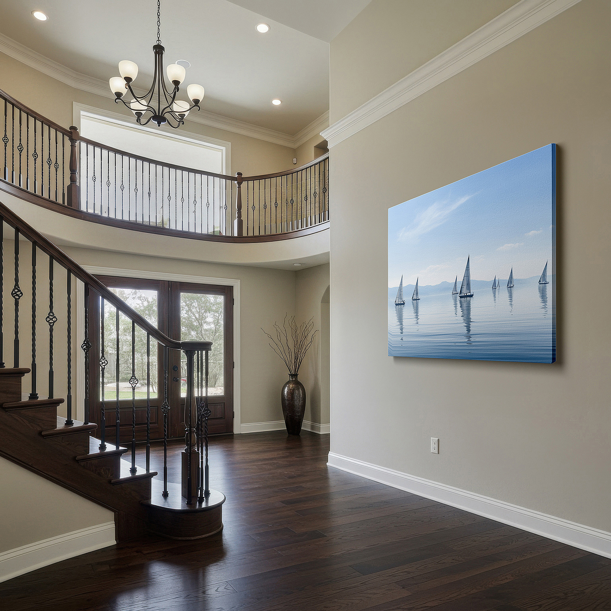 Gently illuminated by ambient lighting in an entryway — nautical wall art: serene sailboat scene under a vast blue sky - large canvas art for office and bedroom decor