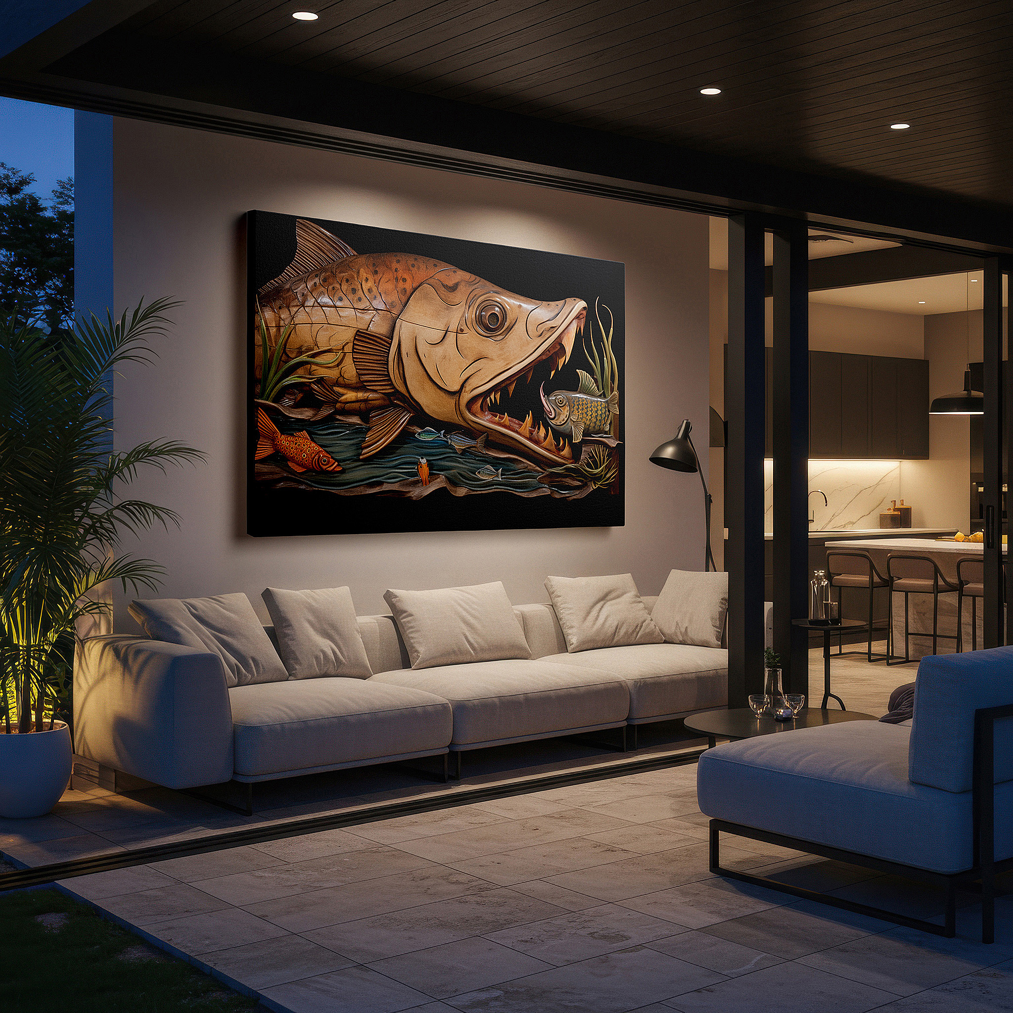 Gently illuminated by ambient lighting in an entryway — ocean majesty: encounter marine life and predatory fish in a dynamic seascape - large canvas wall art decor