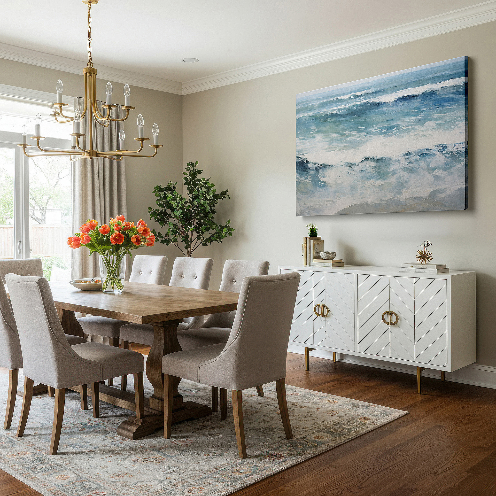 Gently illuminated by ambient lighting in an entryway — ocean's majesty: vibrant waves and tranquil blues in harmonious display - large canvas wall art for office decor