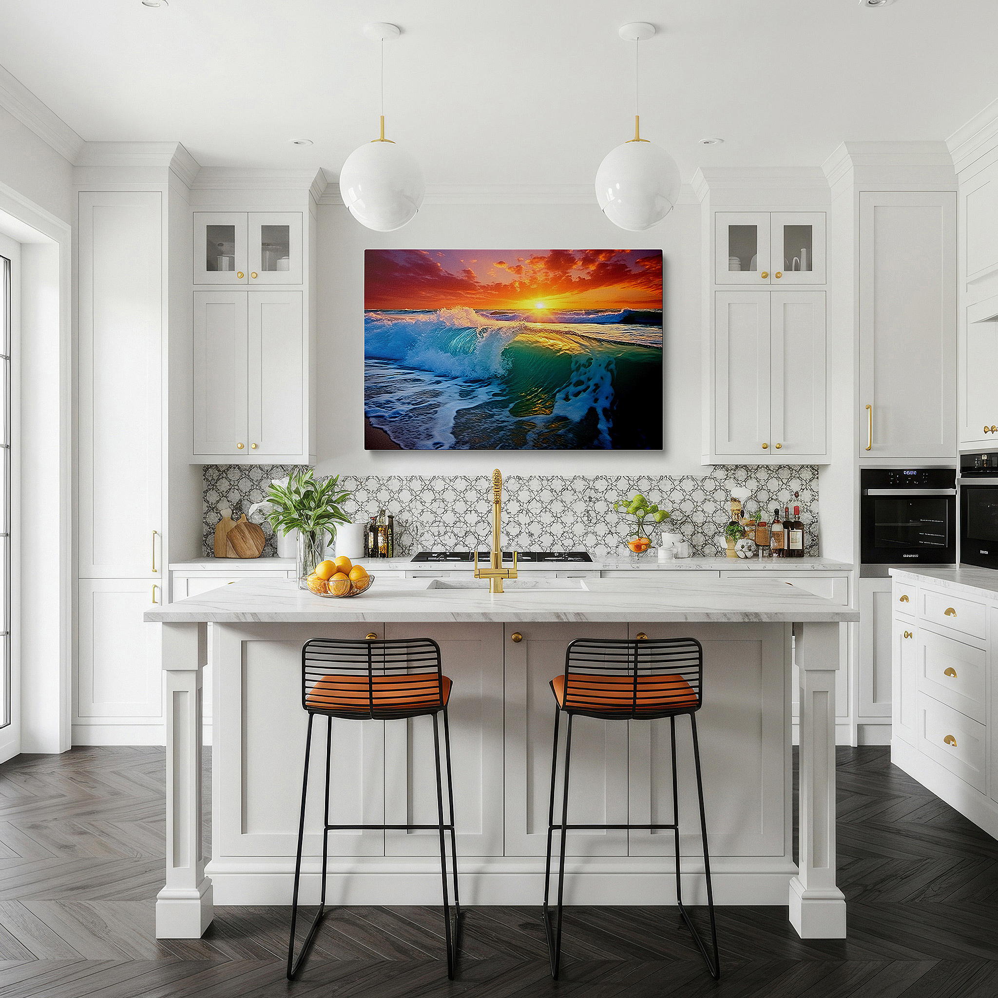 Gently illuminated by ambient lighting in an entryway — ocean's majesty: waves dancing in sunset light - large canvas wall art for office, bedroom, and living room decor