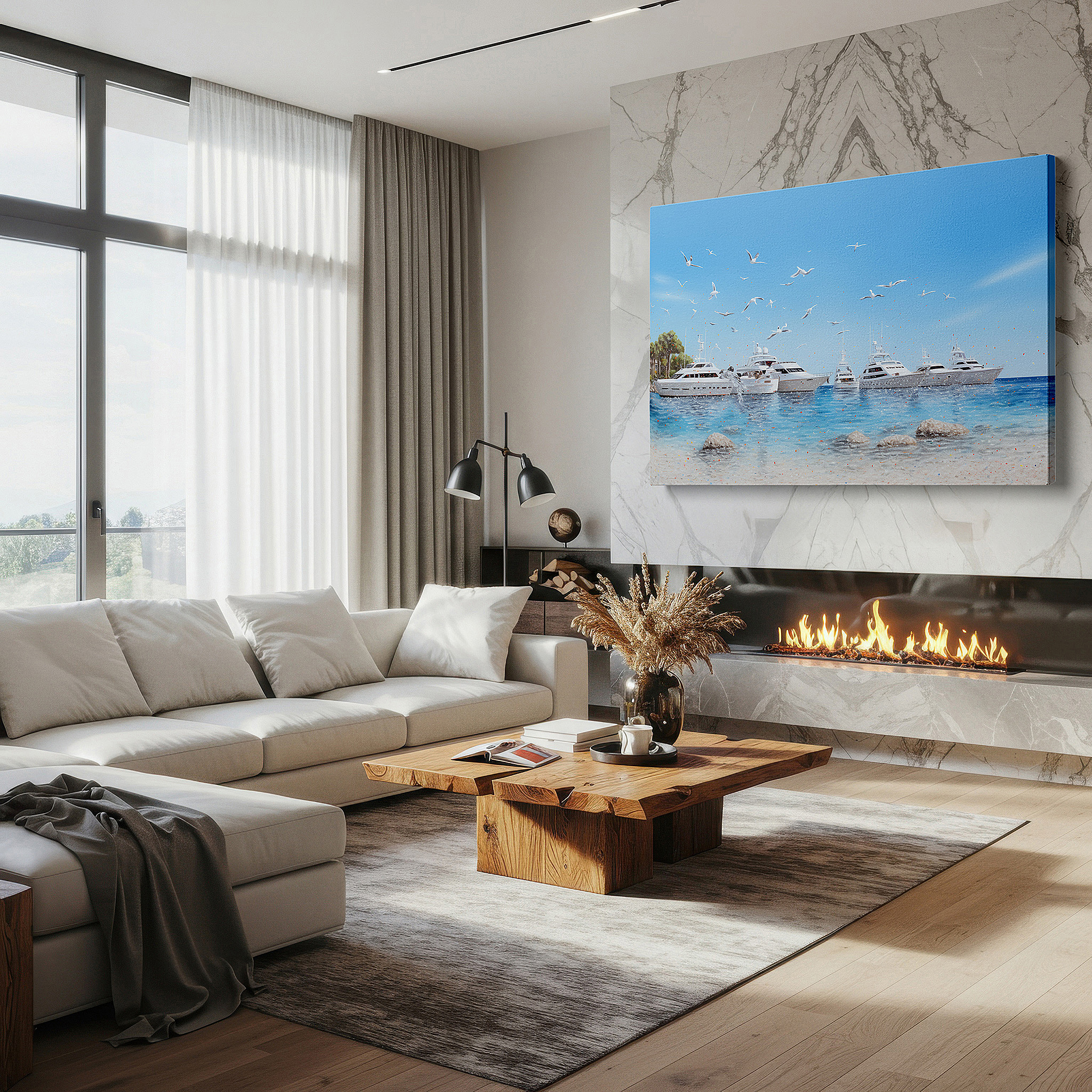 Gently illuminated by ambient lighting in an entryway — opulent seaside tranquility - luxury yachts in tropical paradise large wall art, canvas wall art, wall art decor, office wall art