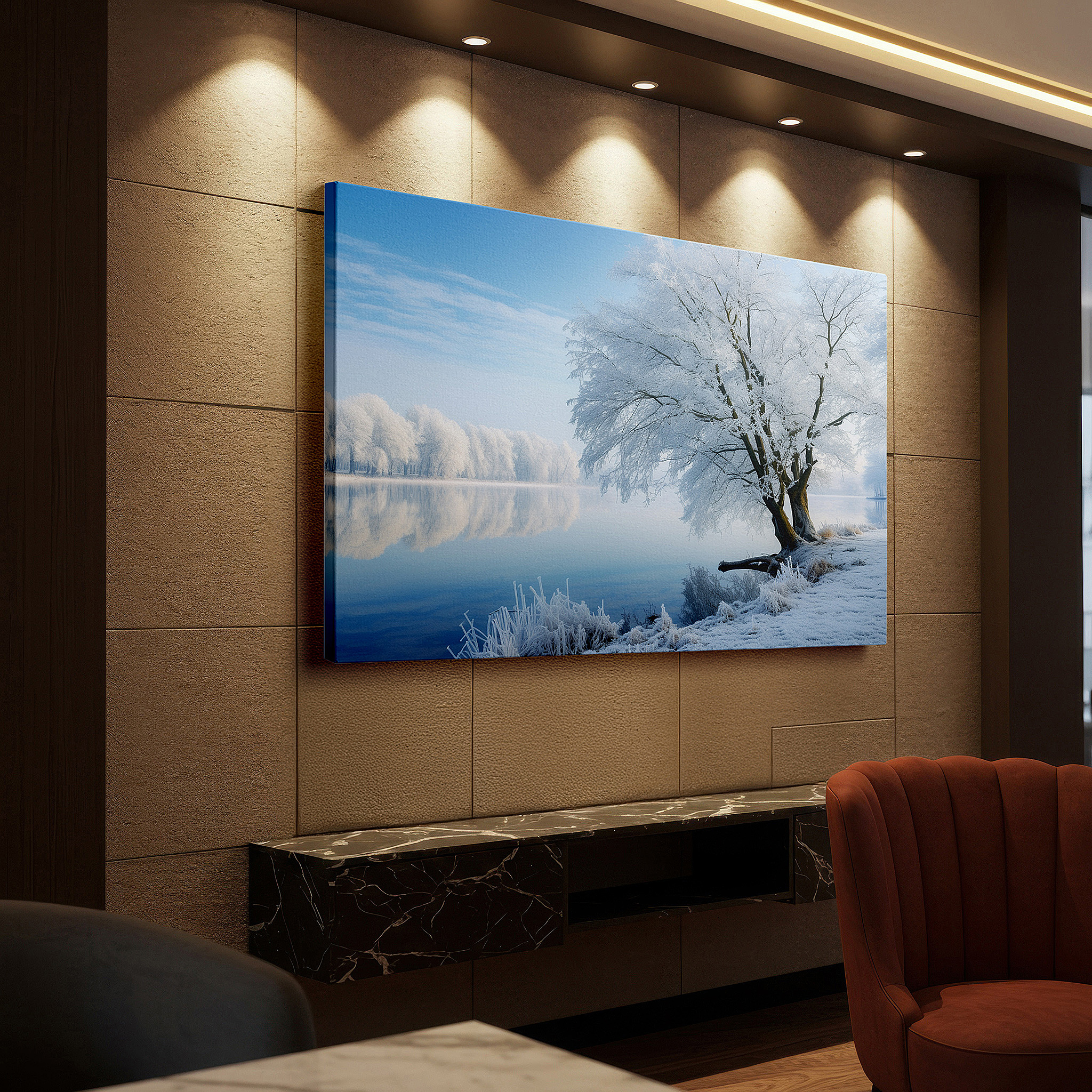 Gently illuminated by ambient lighting in an entryway — peaceful winter scene with calm lake and icy trees reflection large wall art, canvas wall art, wall decor for office and bedroom