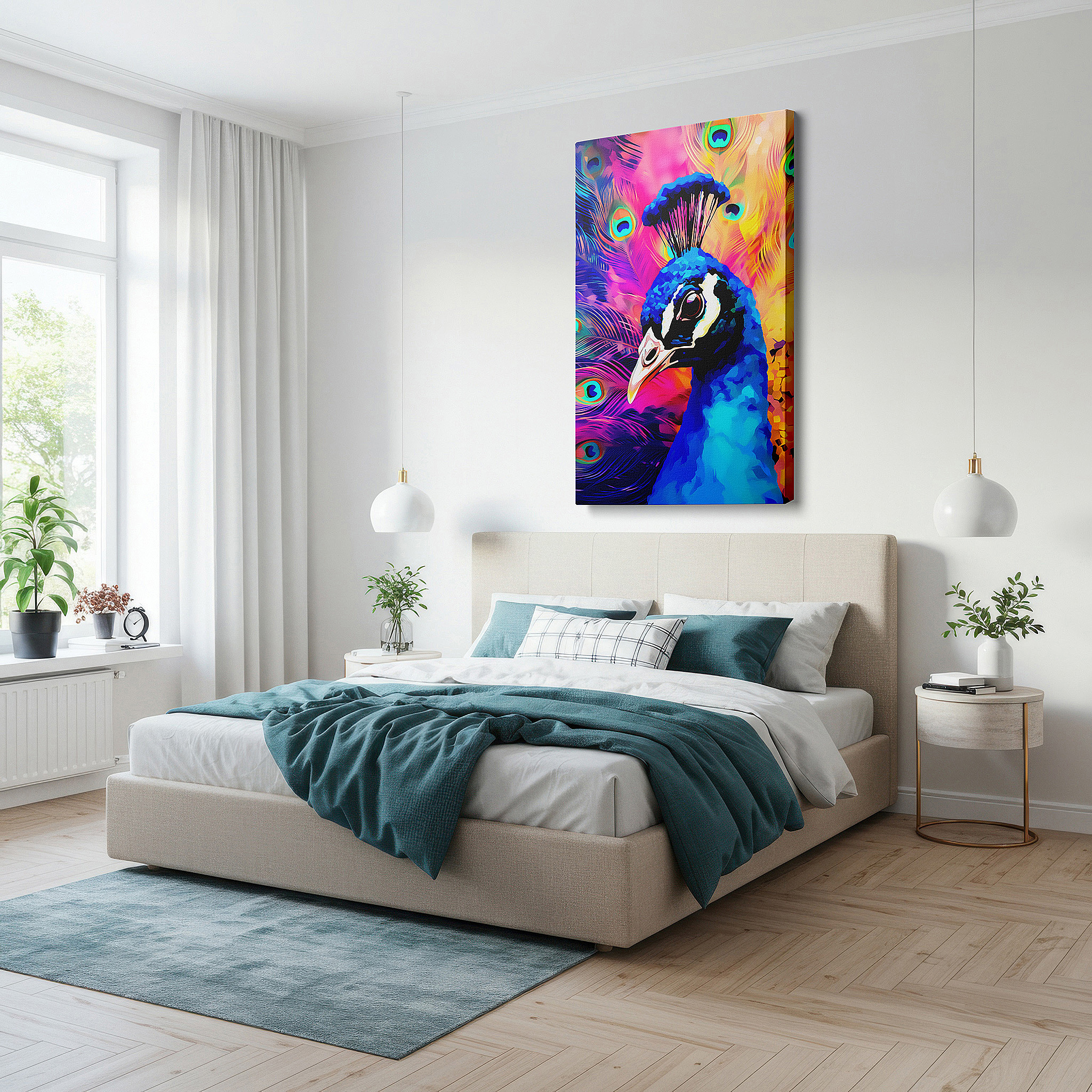 Gently illuminated by ambient lighting in an entryway — peacock's serene pride: vibrant large canvas wall art for office, bedroom, and living room decor