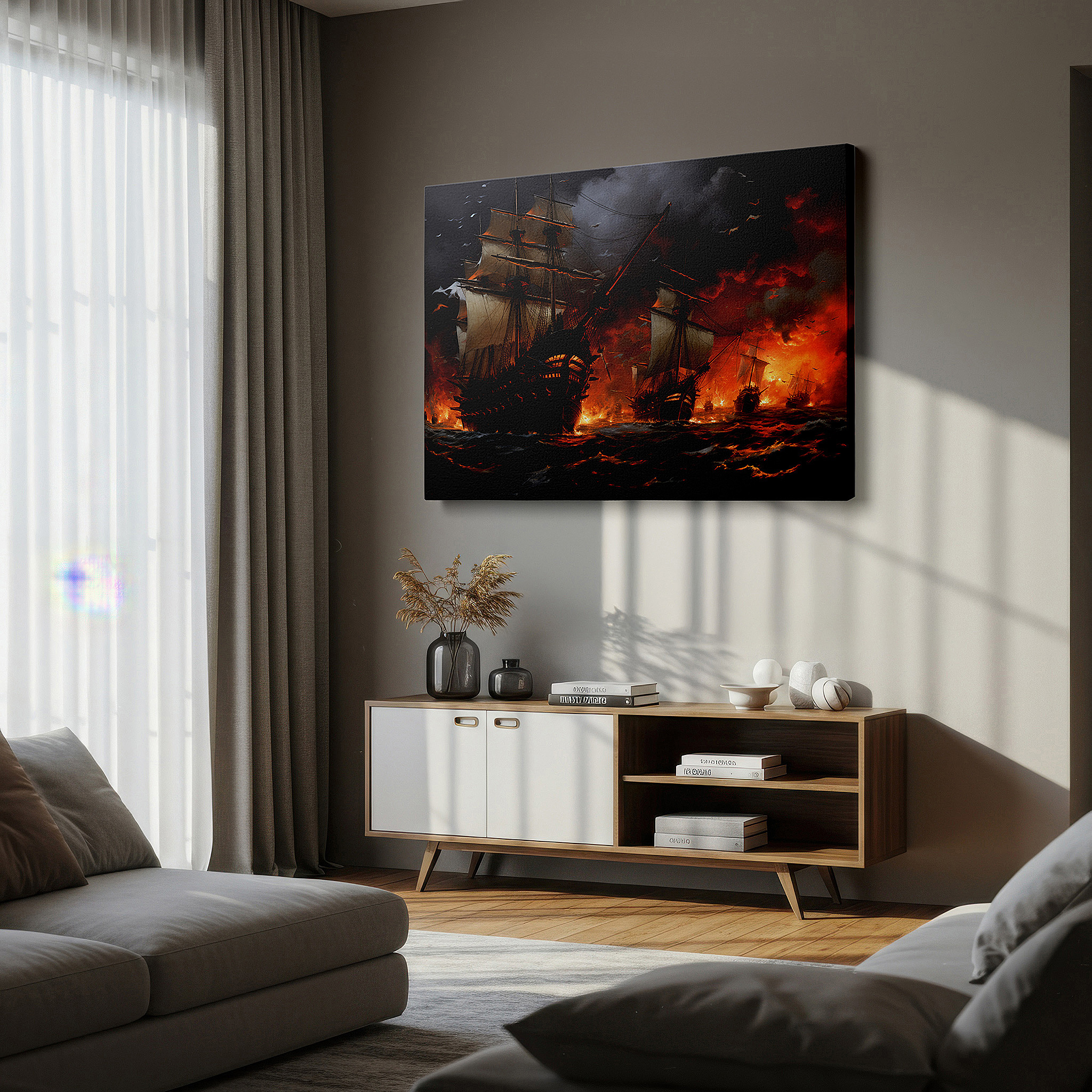 Gently illuminated by ambient lighting in an entryway — pirate ship battle wall art: vivid high seas adventure amidst flames and storms, large canvas art for office and bedroom decor