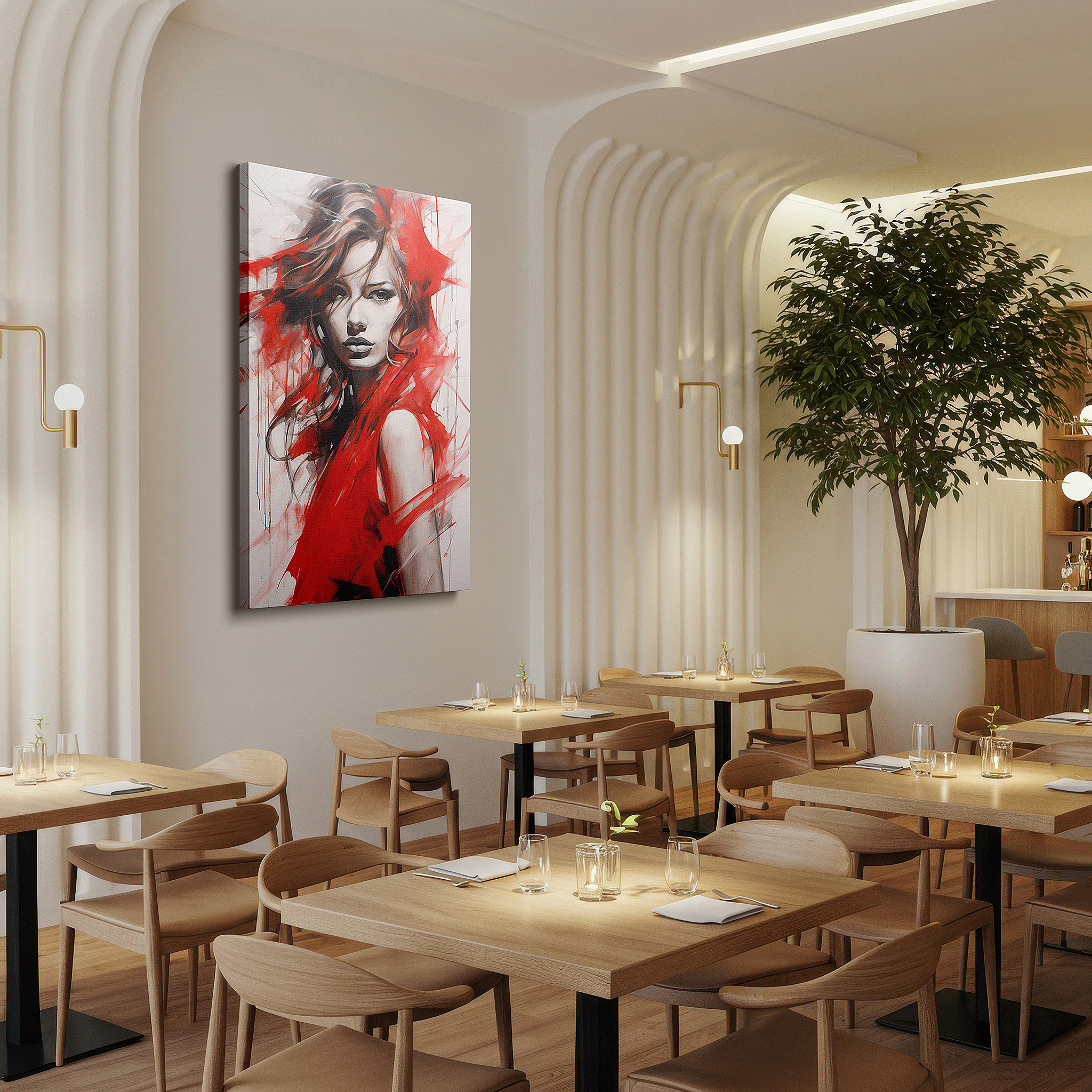 Gently illuminated by ambient lighting in an entryway — portrait of a woman in red: a bold display of strength and beauty - large canvas wall art for office and bedroom decor