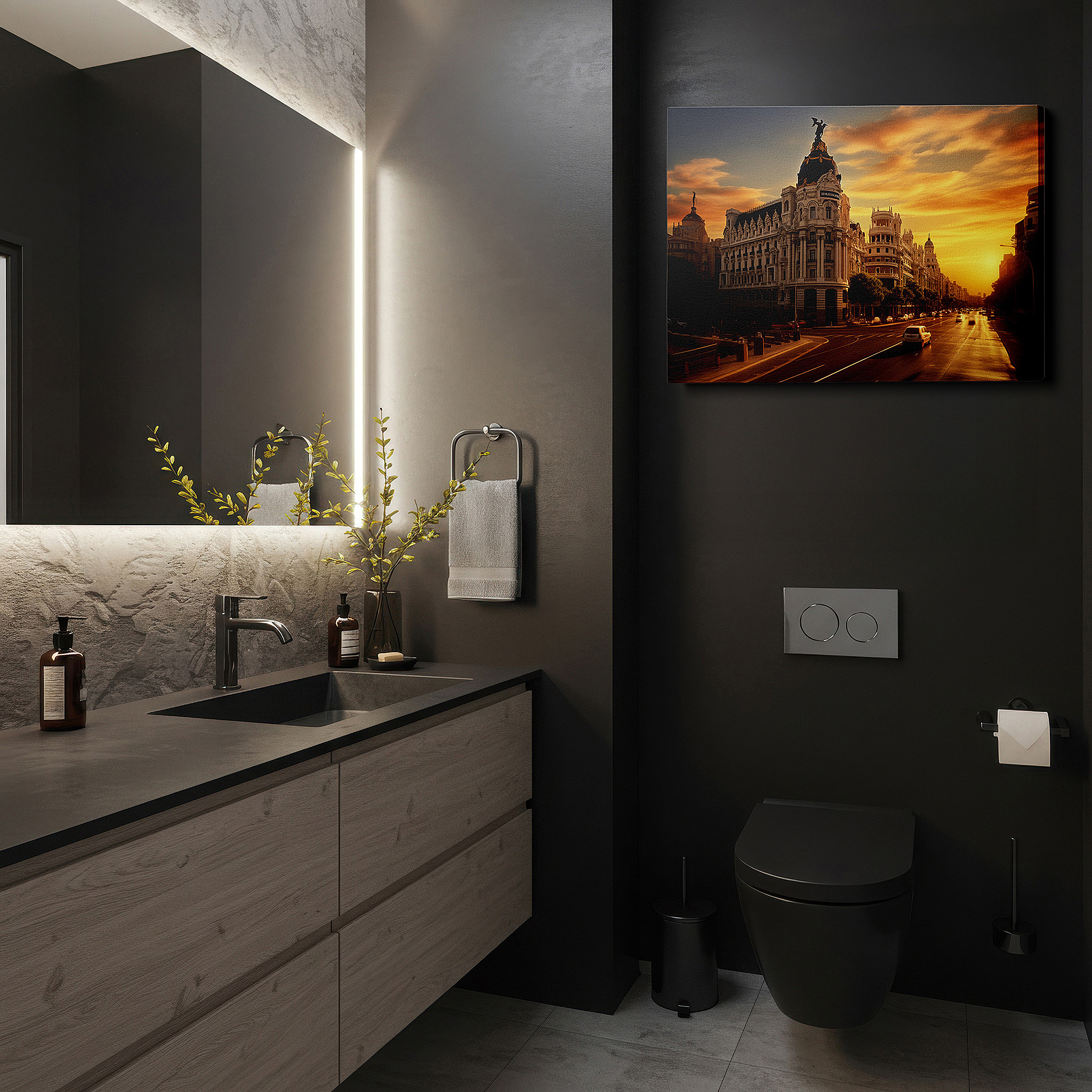 Gently illuminated by ambient lighting in an entryway — radiant sunset and majestic historic building amidst urban energy: large canvas wall art for office and bedroom decor