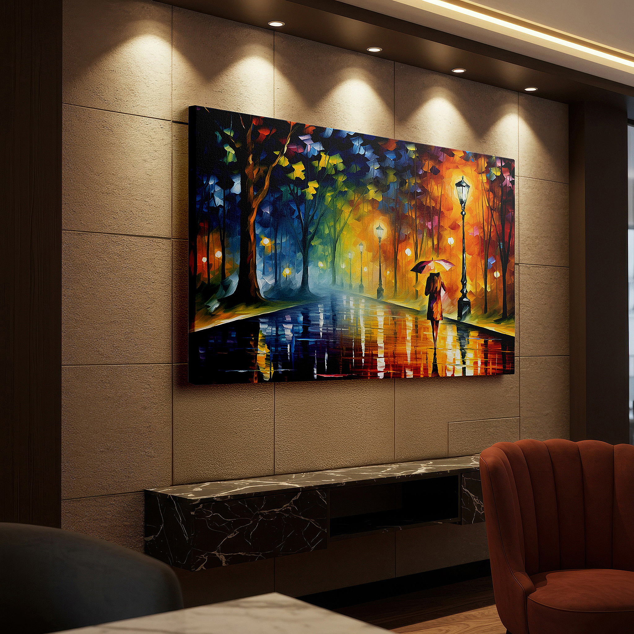 Gently illuminated by ambient lighting in an entryway — rain-swept streets with ethereal lights - serene urban evening large wall art, canvas wall art, wall decor for office, bedroom, and living room