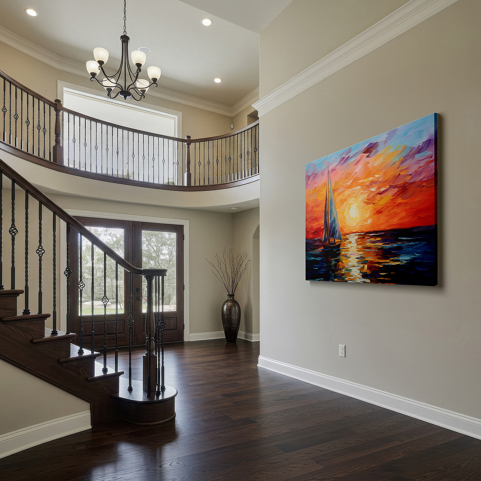 Gently illuminated by ambient lighting in an entryway — sailboat gliding across shimmering waters under a mesmerizing sunset - large canvas wall art for office and bedroom decor
