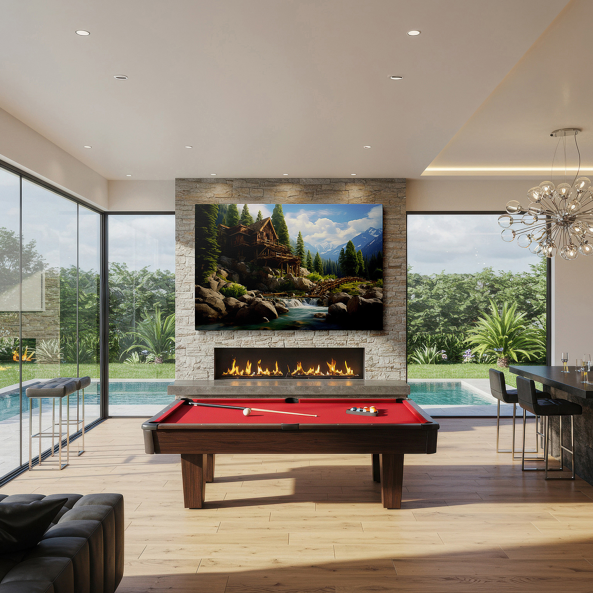 Gently illuminated by ambient lighting in an entryway — serene cabin escape surrounded by verdant foliage and babbling brooks: oversized wall art, canvas wall decor for offices and bedrooms
