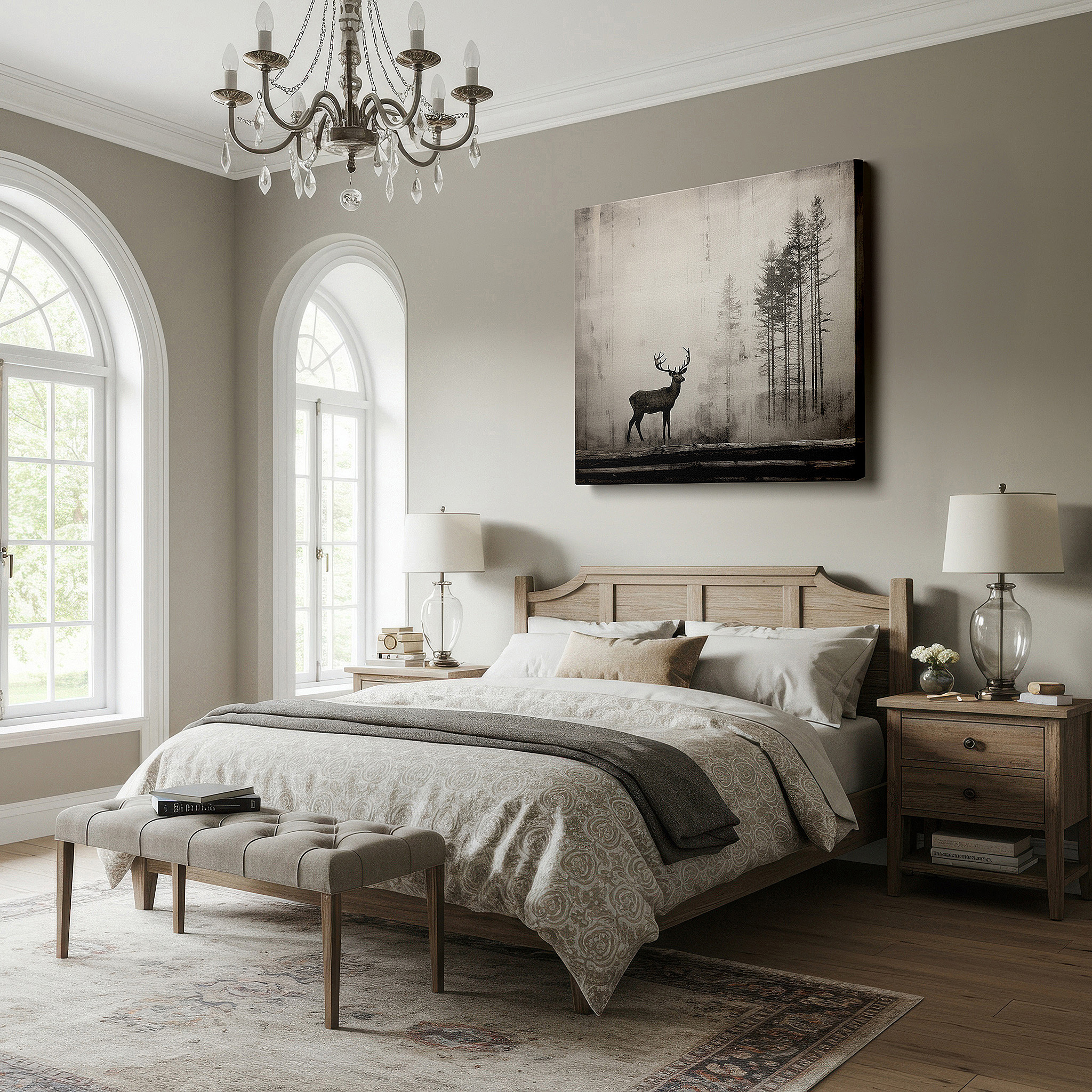Gently illuminated by ambient lighting in an entryway — serene deer silhouette in a misty forest: large canvas wall art for a calming ambiance in bedrooms and offices