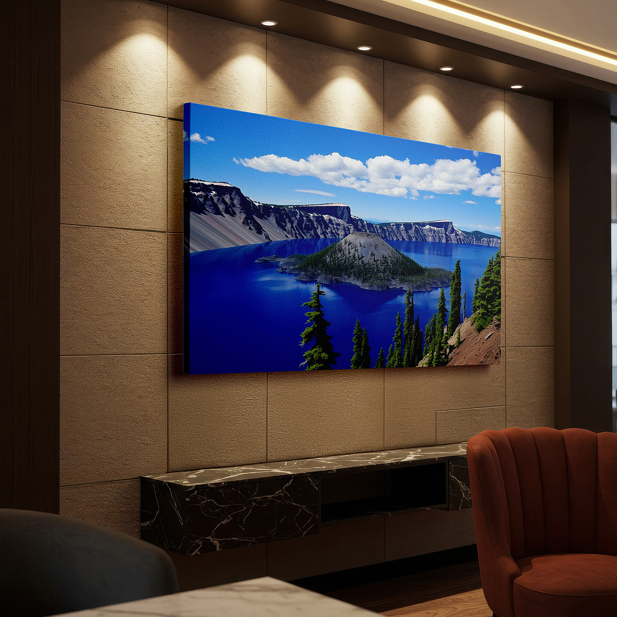 Gently illuminated by ambient lighting in an entryway — serene lake and grand cliffs beneath a golden sky: oversized wall art, canvas art, decorative wall art for offices, bedrooms, and living rooms