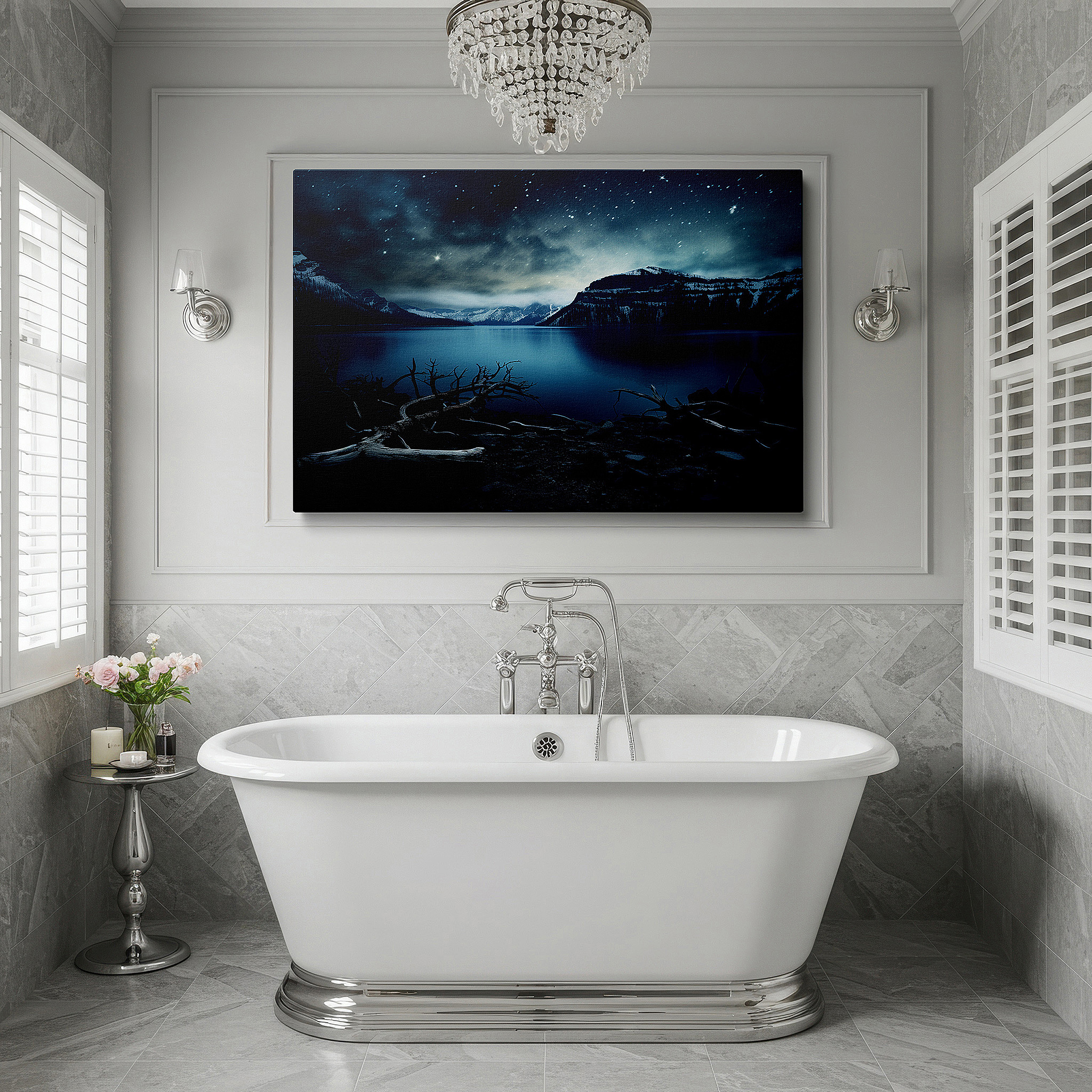 Gently illuminated by ambient lighting in an entryway — serene lakeside reflections: rugged nature and ethereal light - large canvas wall art for office and bedroom decor
