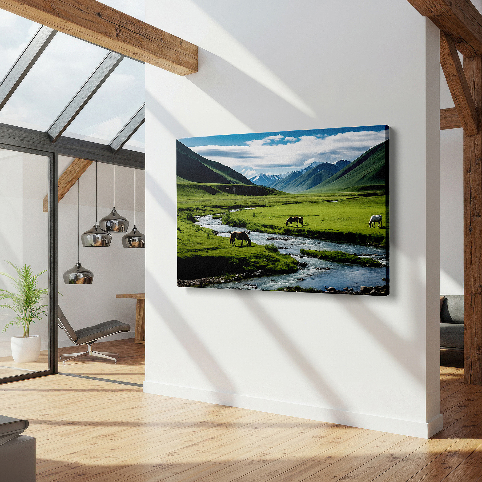 Gently illuminated by ambient lighting in an entryway — serene meadow with majestic horses under snow-capped peaks: tranquil large wall art for office and home decor, canvas wall art