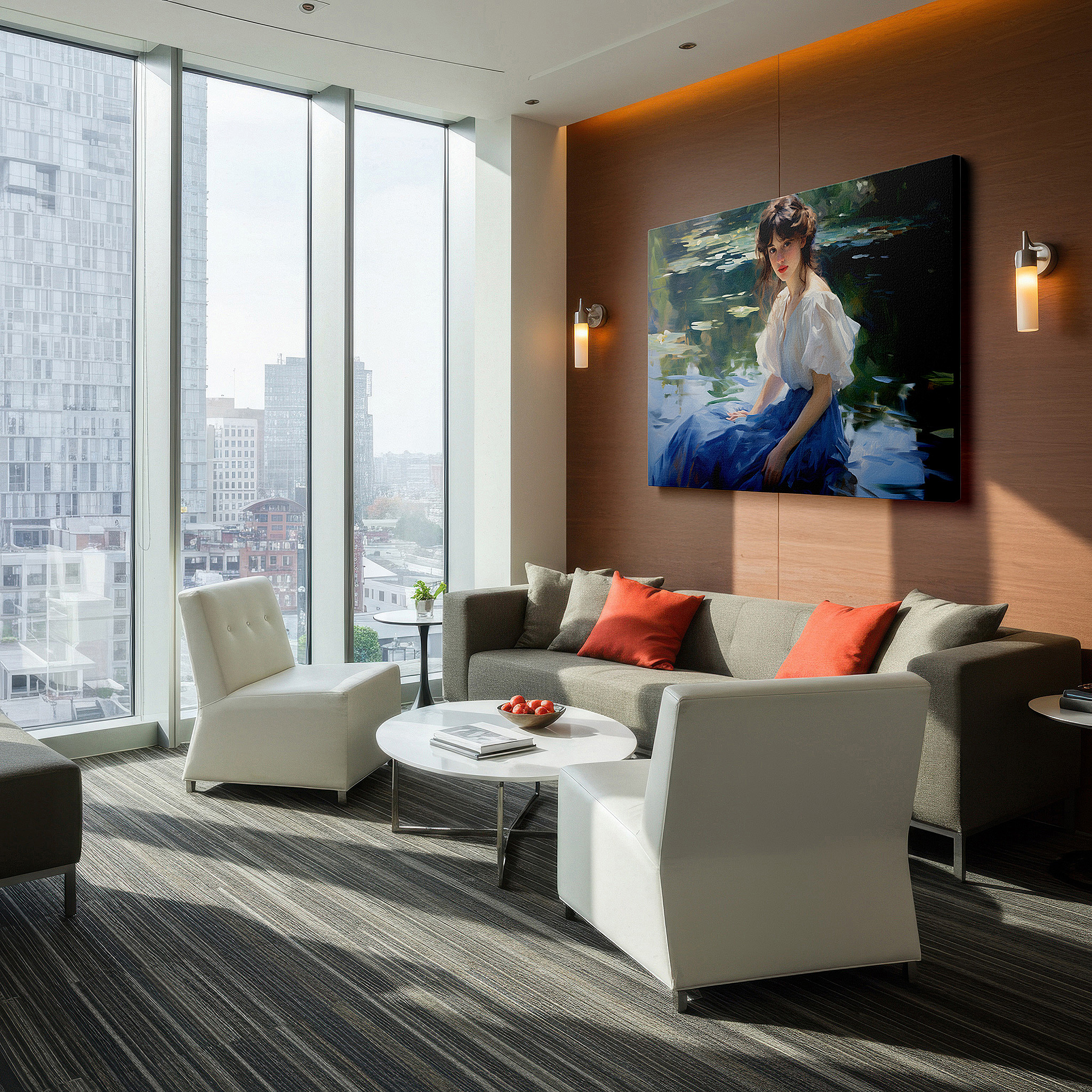 Gently illuminated by ambient lighting in an entryway — serene reflections of a young woman by a tranquil pond: large canvas wall art for office and bedroom decor