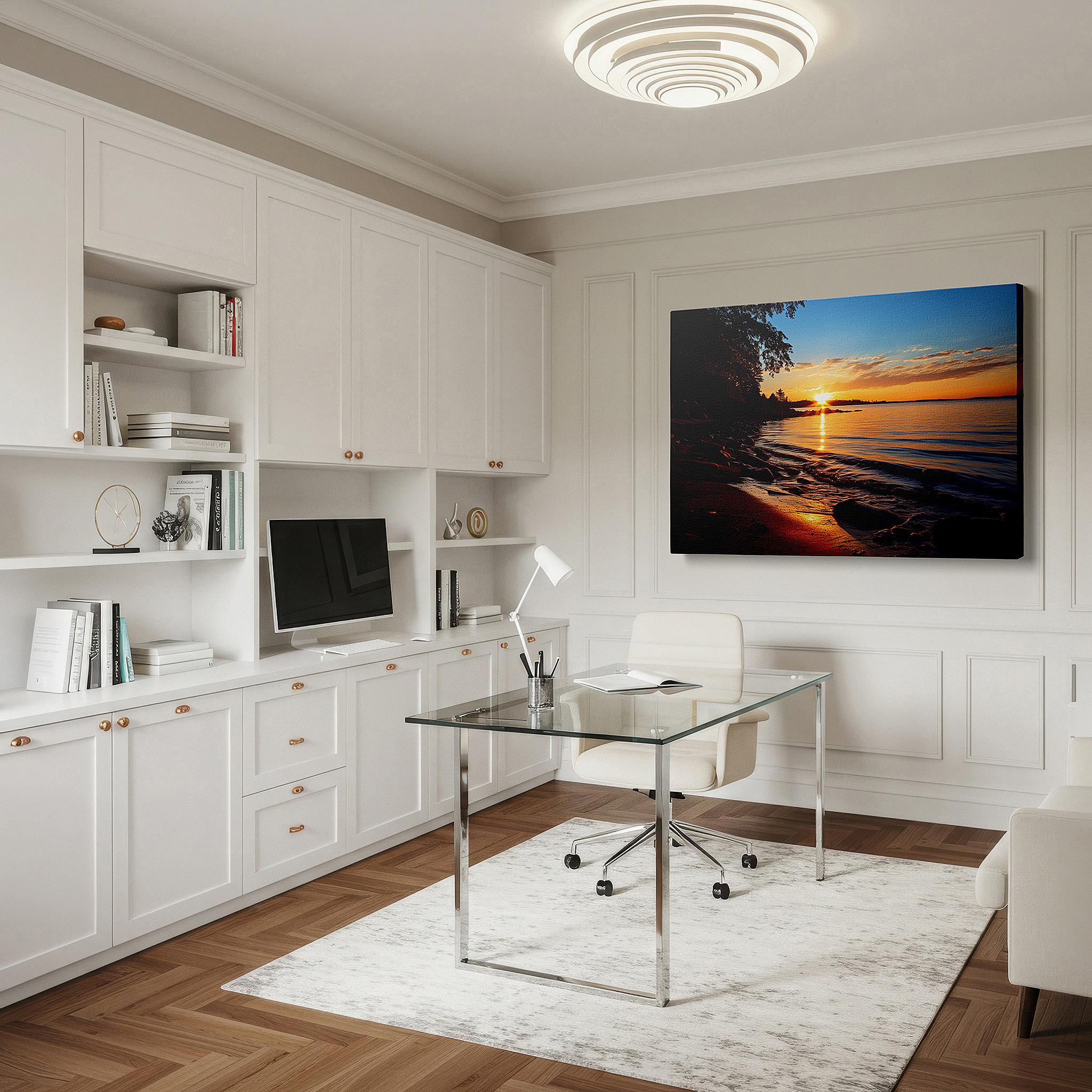 Gently illuminated by ambient lighting in an entryway — serene sunset over tranquil waters: a haven for peace and reflection - large canvas wall art for office and bedroom decor