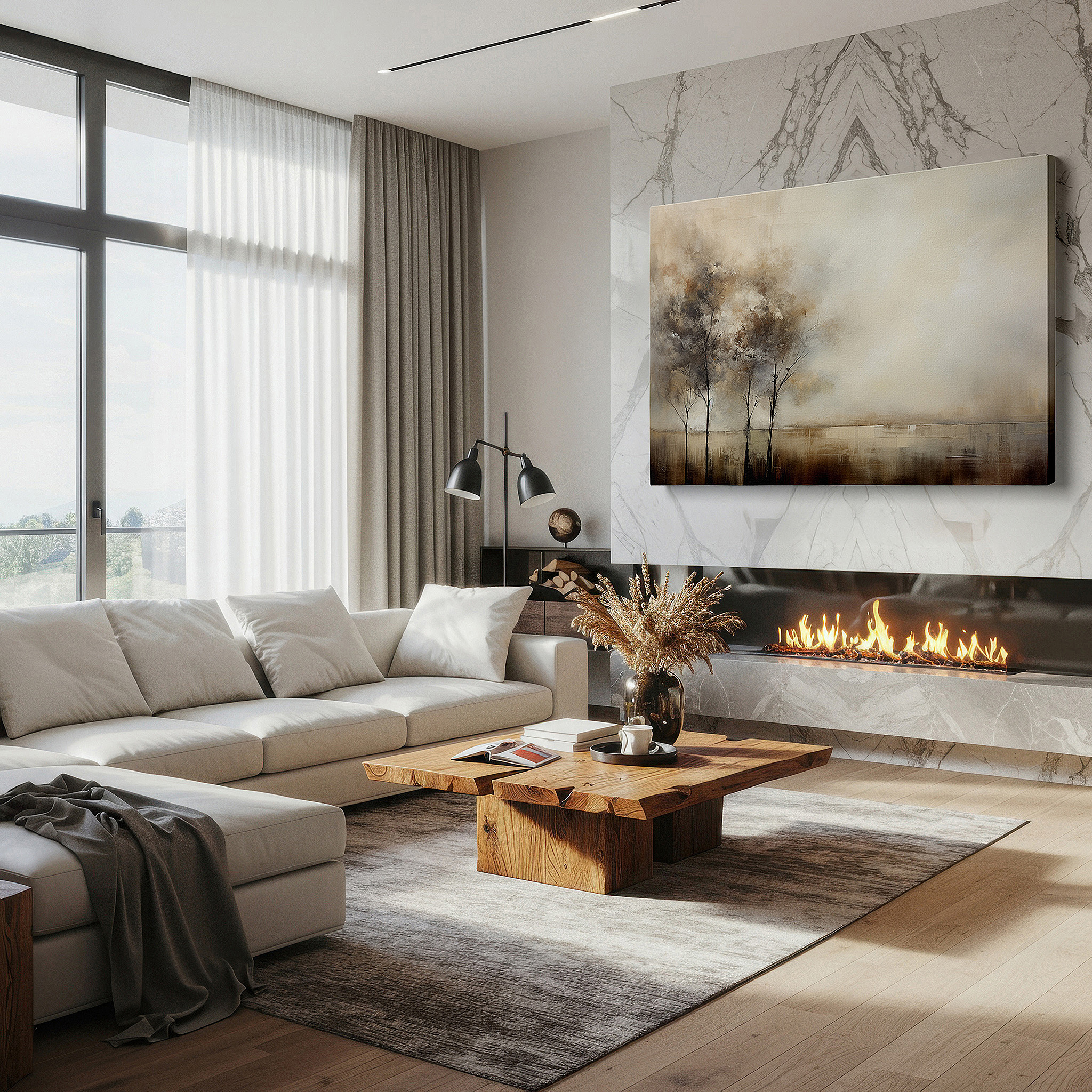 Gently illuminated by ambient lighting in an entryway — serene trees in earth tones: a symbol of strength and tranquility - large wall art for any space, including canvas wall art for offices and bedrooms