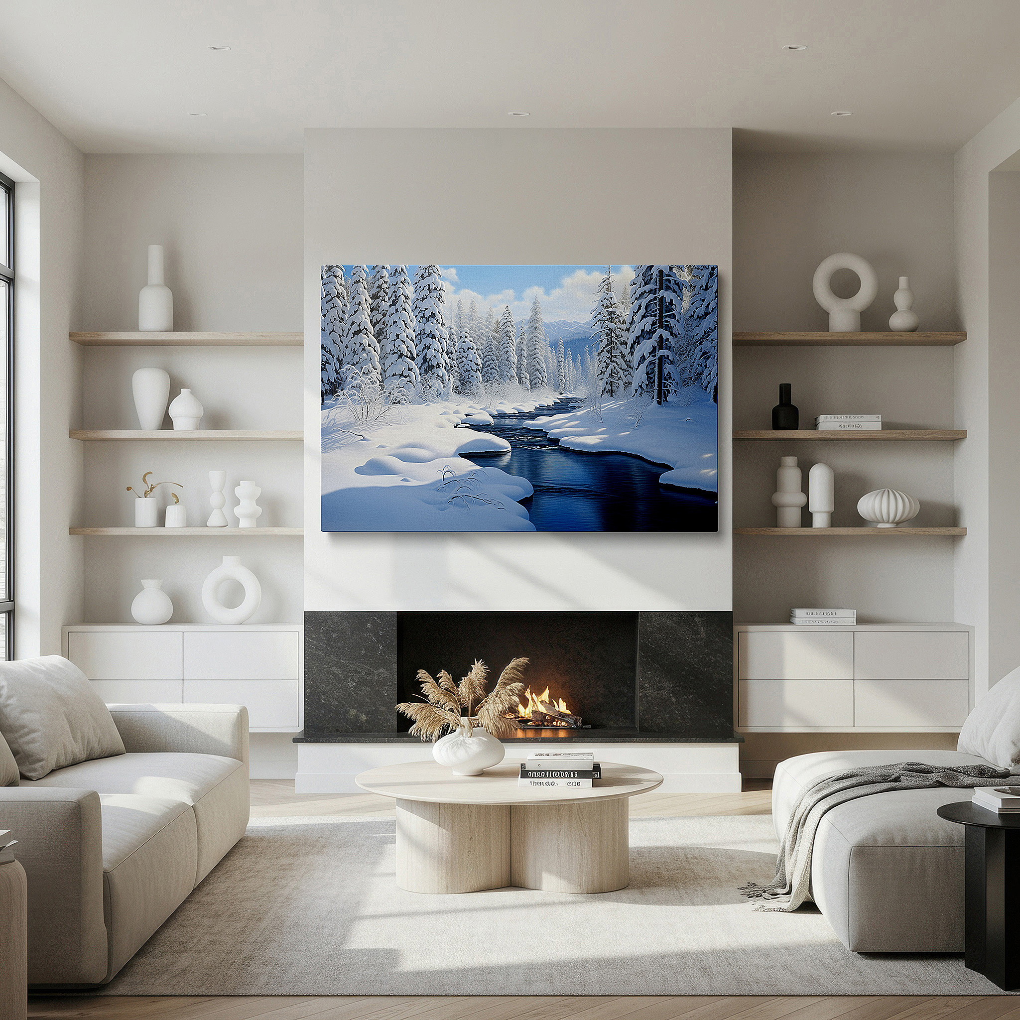 Gently illuminated by ambient lighting in an entryway — serene winter wonderland canvas wall art featuring snow-covered pines and icy stream, perfect for office, living room, or bedroom decor