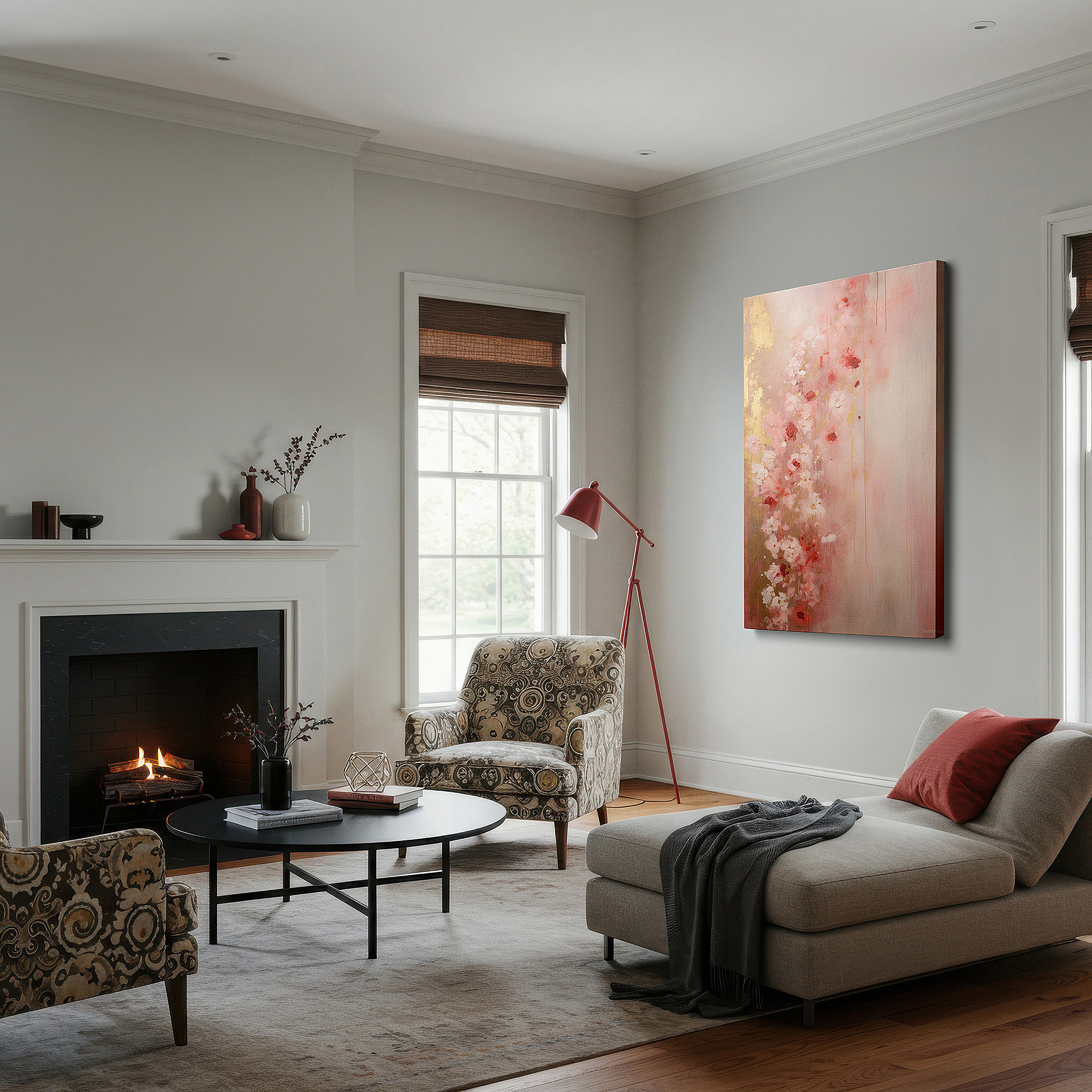 Gently illuminated by ambient lighting in an entryway — soft pink and red floral symphony with gold accents, large canvas wall art for office and bedroom decor