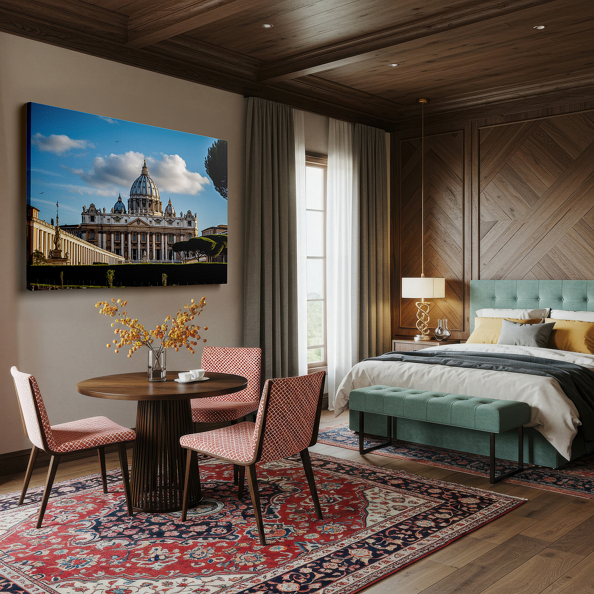 Gently illuminated by ambient lighting in an entryway — st. peter's basilica wall art for bedroom: renaissance masterpiece with dynamic sky and lively piazza - large canvas wall art