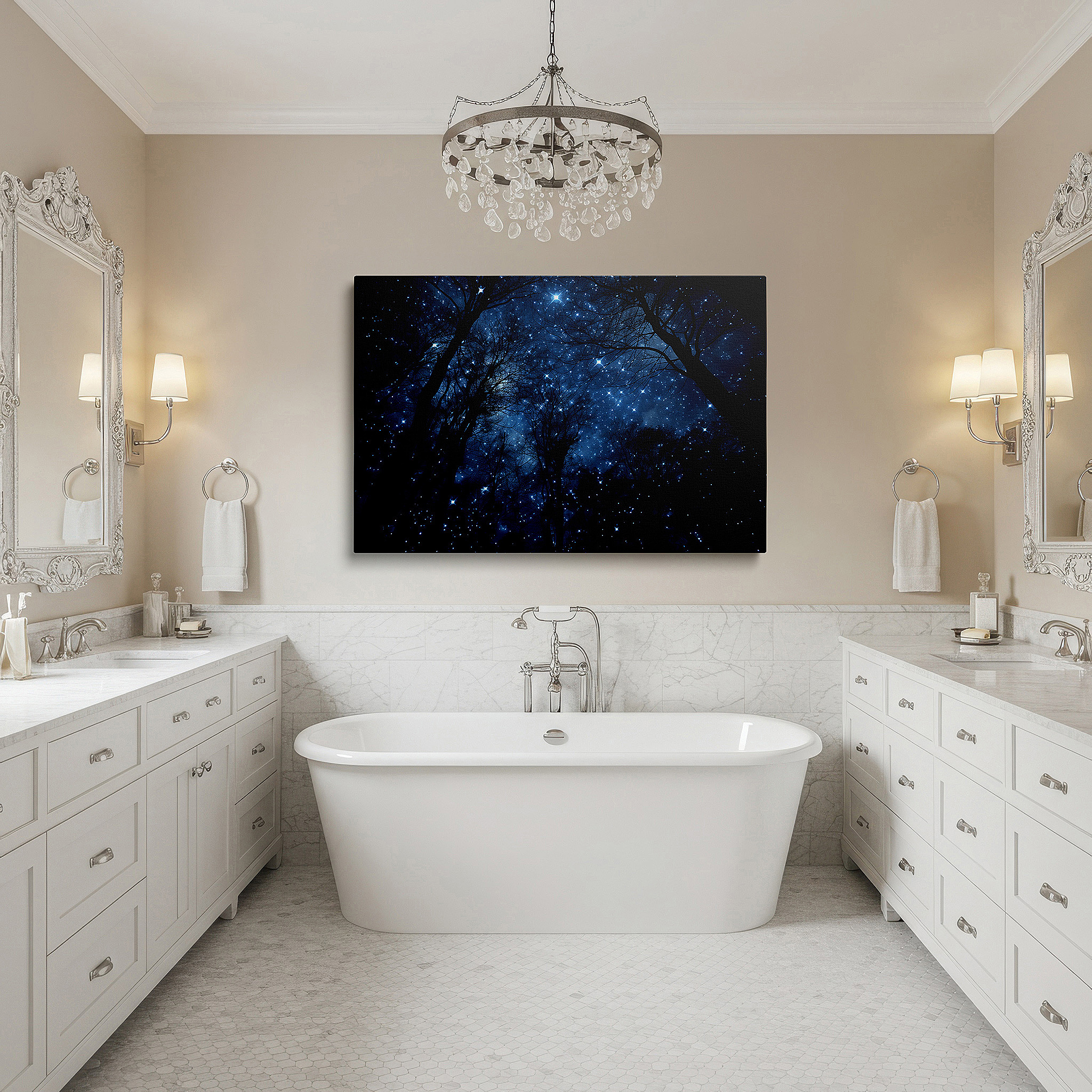 Gently illuminated by ambient lighting in an entryway — starry night sky and enigmatic forest wall art: large canvas featuring a tranquil realm with twinkling stars and mystical lights, ideal for office decor