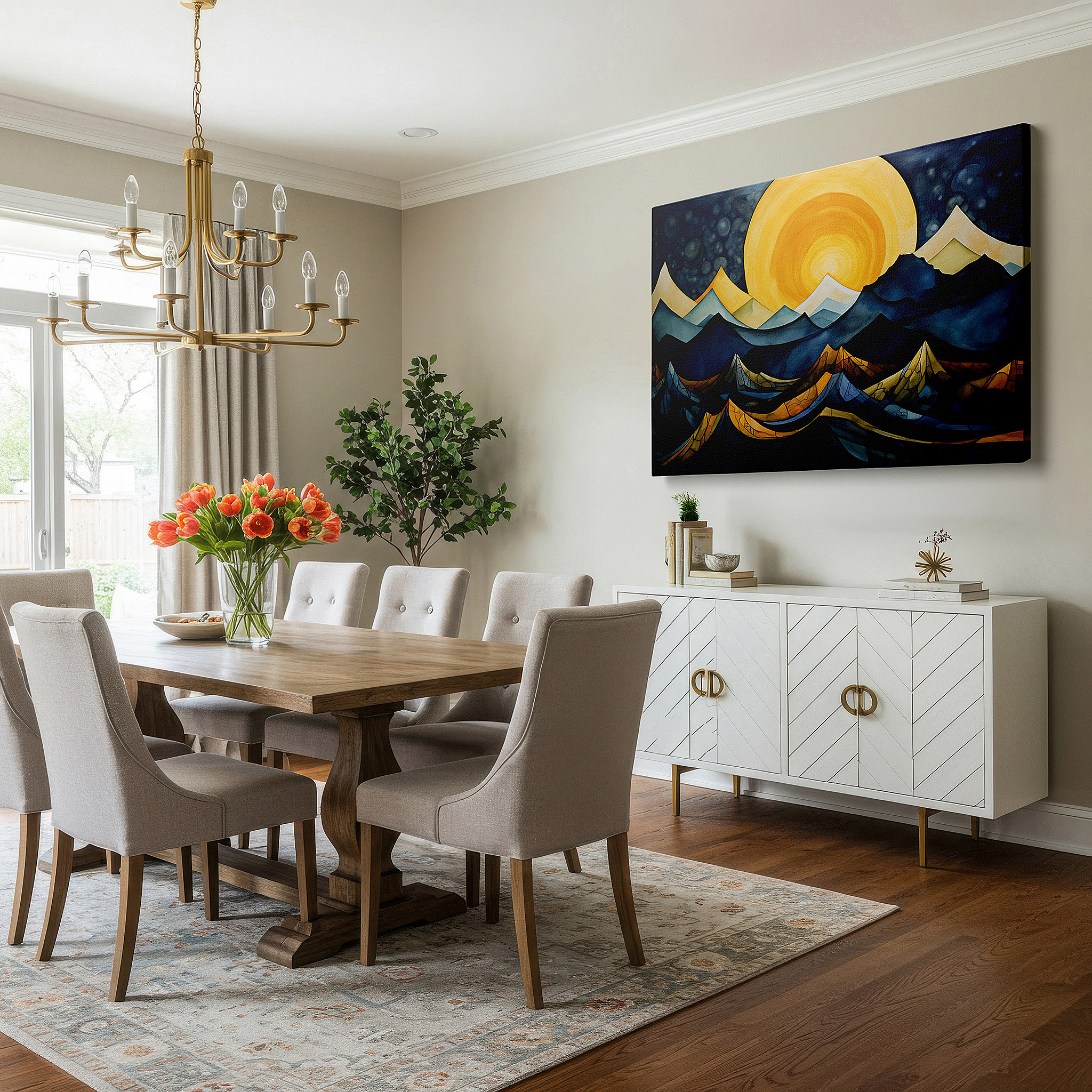 Gently illuminated by ambient lighting in an entryway — sunrise symphony over surreal mountains: celebrating nature's majesty with large canvas wall art for home and office decor