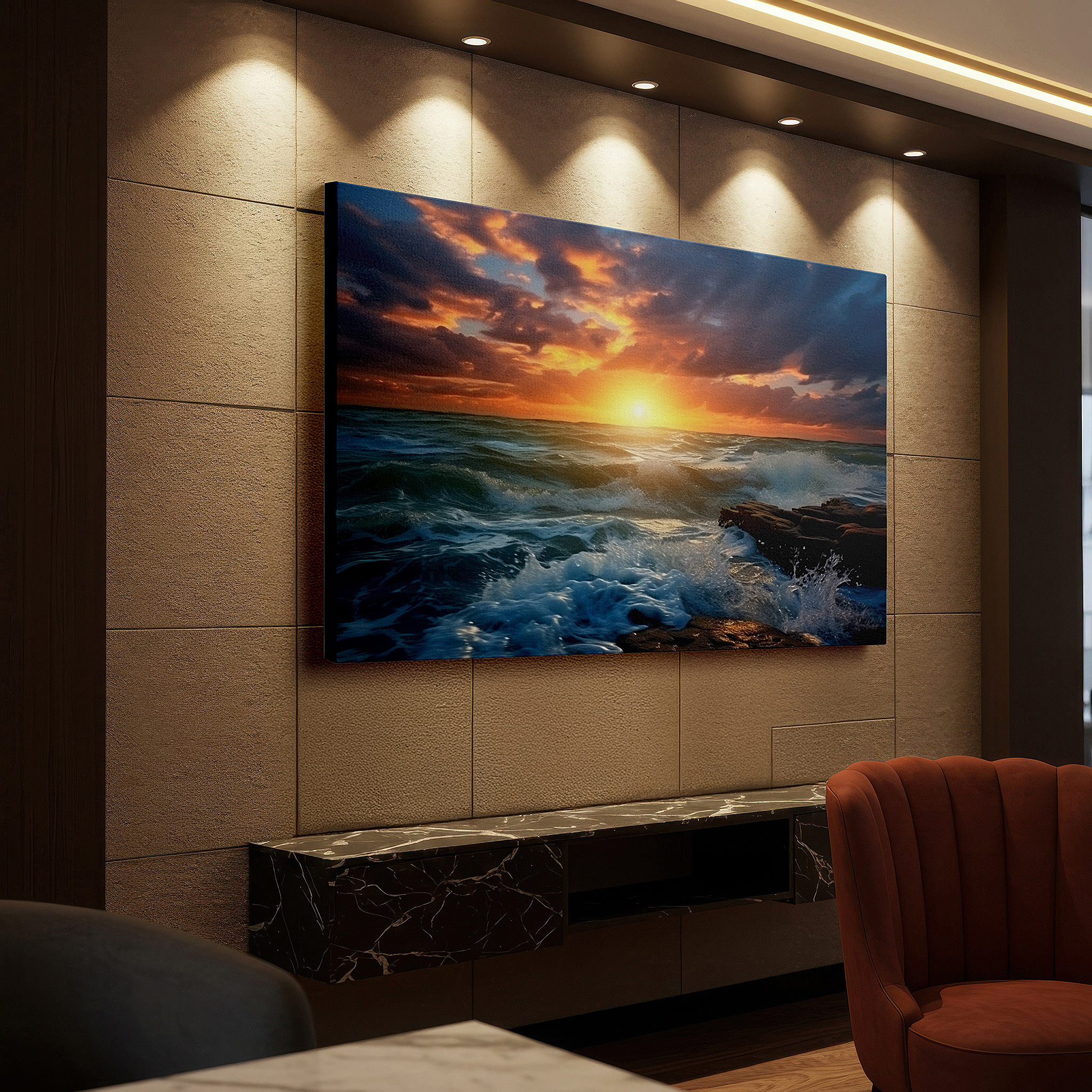 Gently illuminated by ambient lighting in an entryway — sunset embraces the horizon: fiery waves and rugged shores large wall art, canvas wall art, wall decor for office, bedroom, and living room