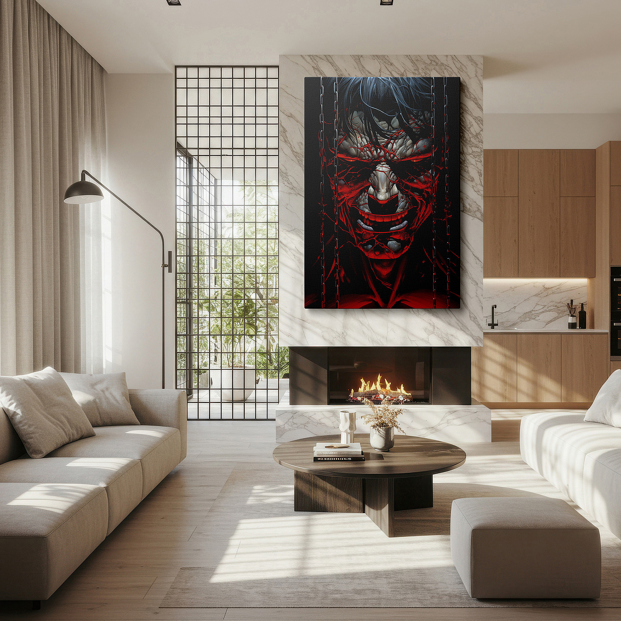 Gently illuminated by ambient lighting in an entryway — tormented soul bound by chains of despair in a stark landscape: large canvas wall art for office and bedroom decor