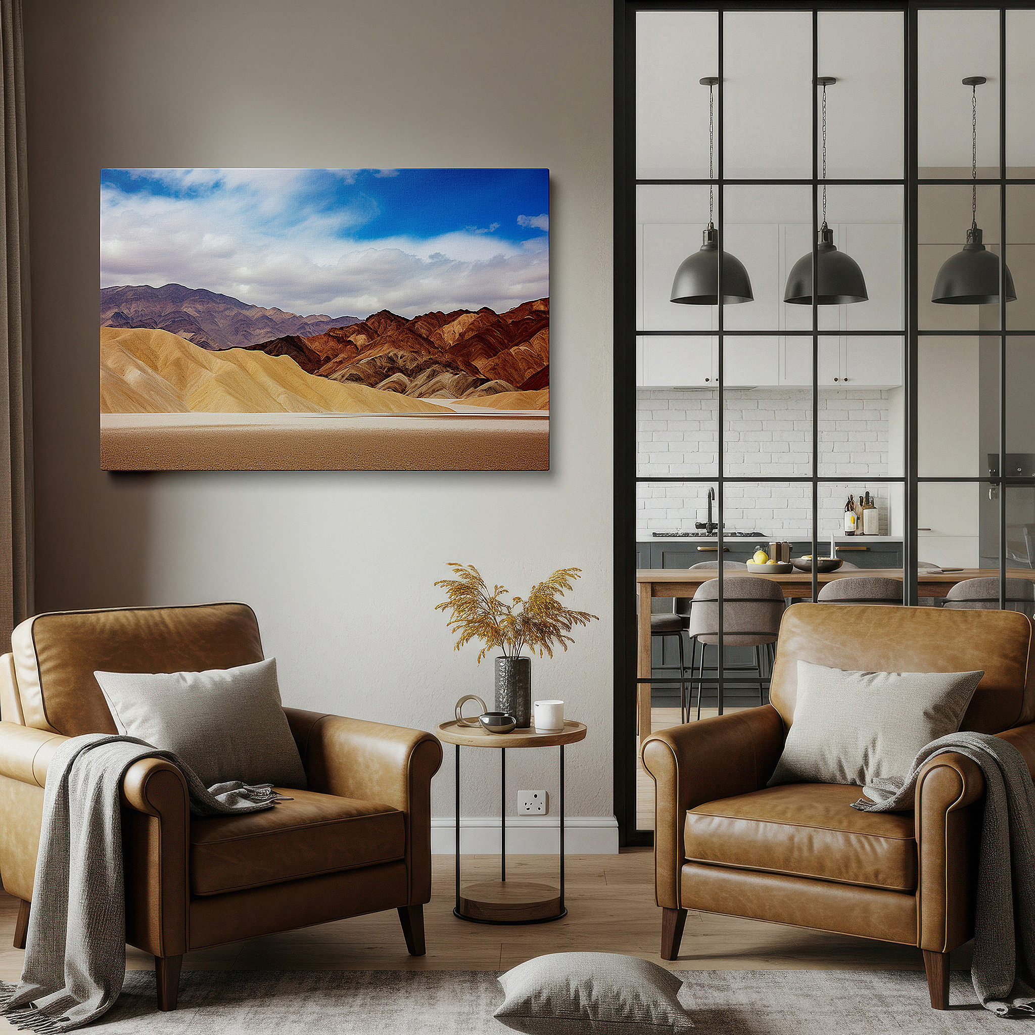 Gently illuminated by ambient lighting in an entryway — tranquil desert mountains large canvas wall art, ethereal landscape office decor
