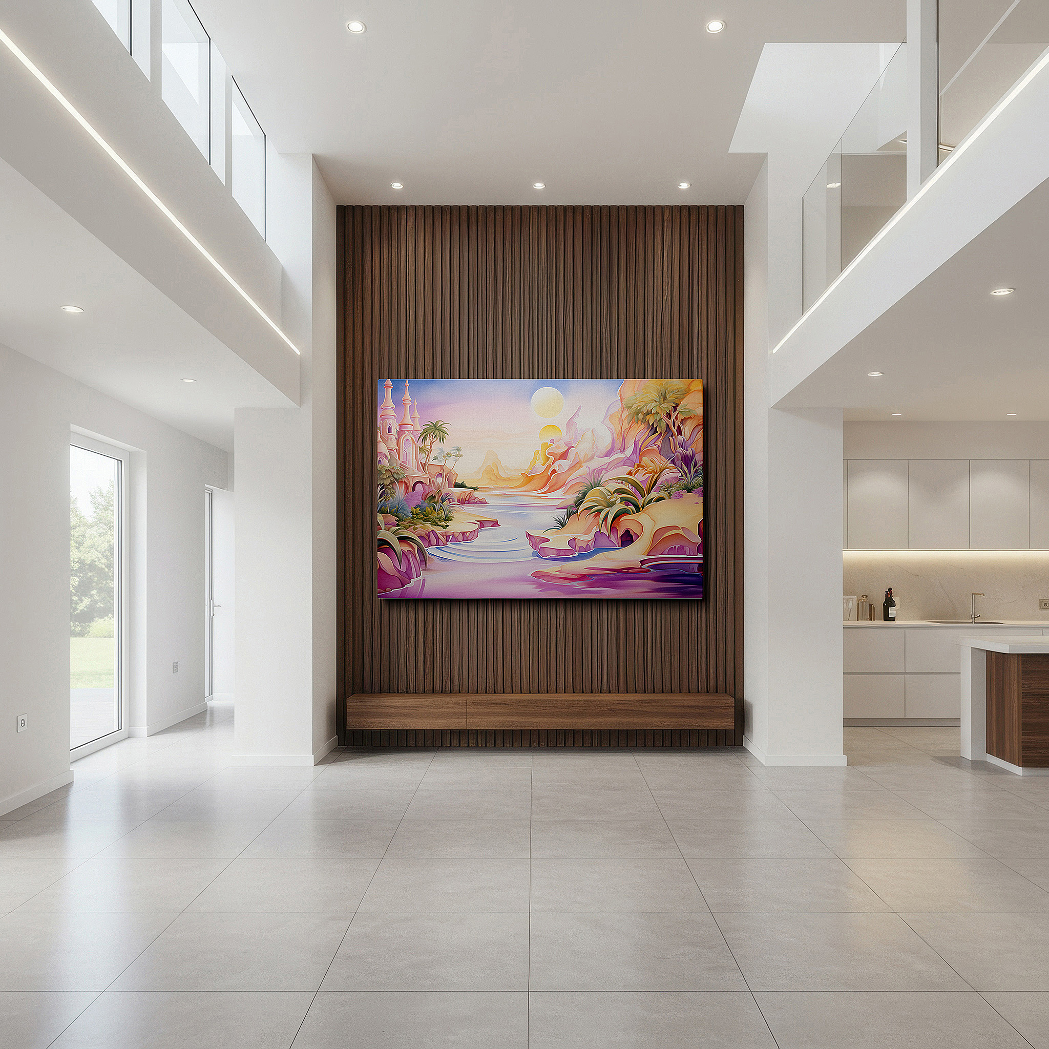 Gently illuminated by ambient lighting in an entryway — tranquil river and enchanted hills under twin suns wall art, large canvas decor for office, bedroom, and living room
