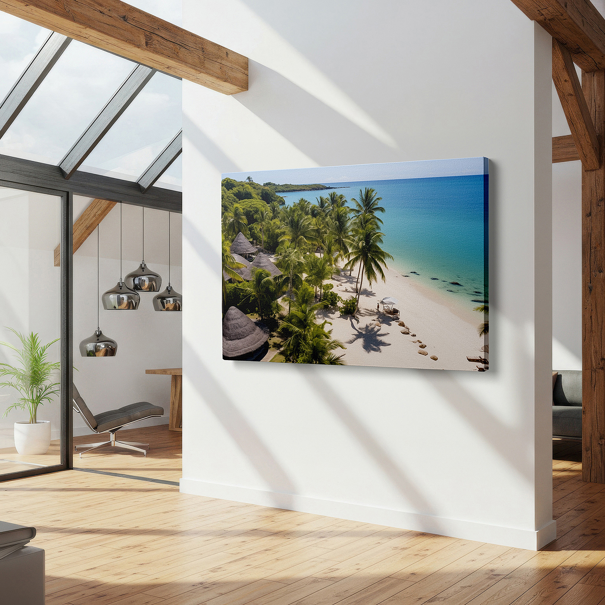 Gently illuminated by ambient lighting in an entryway — tropical paradise wall art featuring pristine beach, swaying palms, and sparkling turquoise waters - large canvas for home or office decor