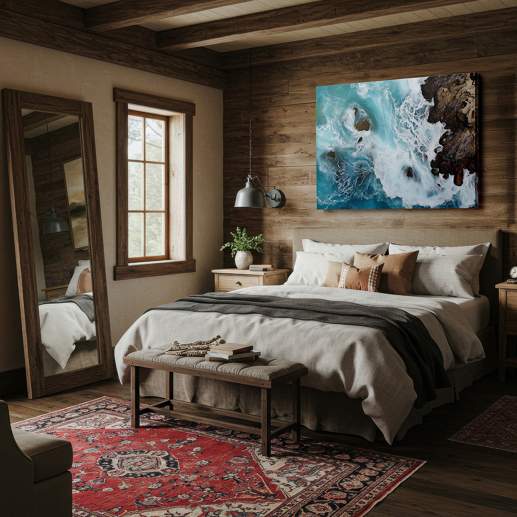 Gently illuminated by ambient lighting in an entryway — turquoise waves waltz along the jagged shoreline, a brilliant display of nature's hues and surfaces, oversized wall art, canvas wall art, wall decor for office