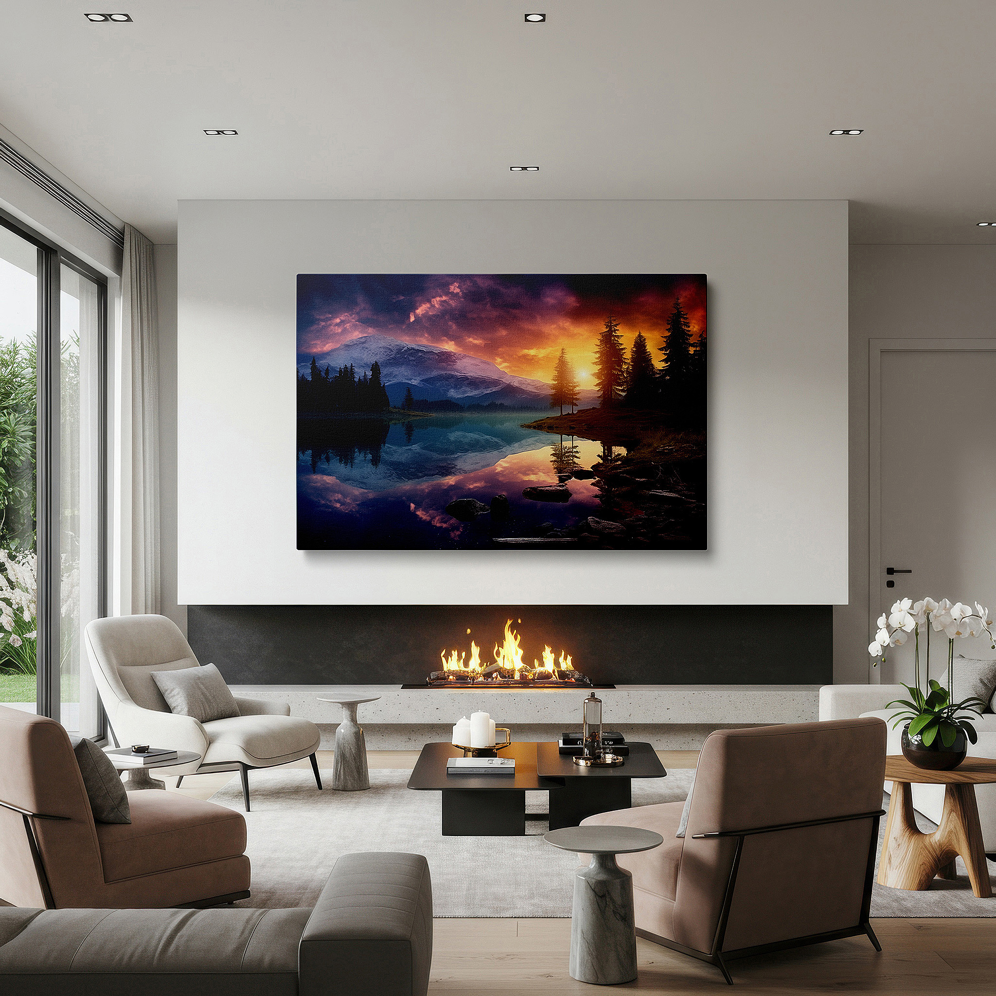 Gently illuminated by ambient lighting in an entryway — twilight tapestry wall art featuring serene lake reflections, majestic trees, and vibrant orange and purple hues - large canvas wall art