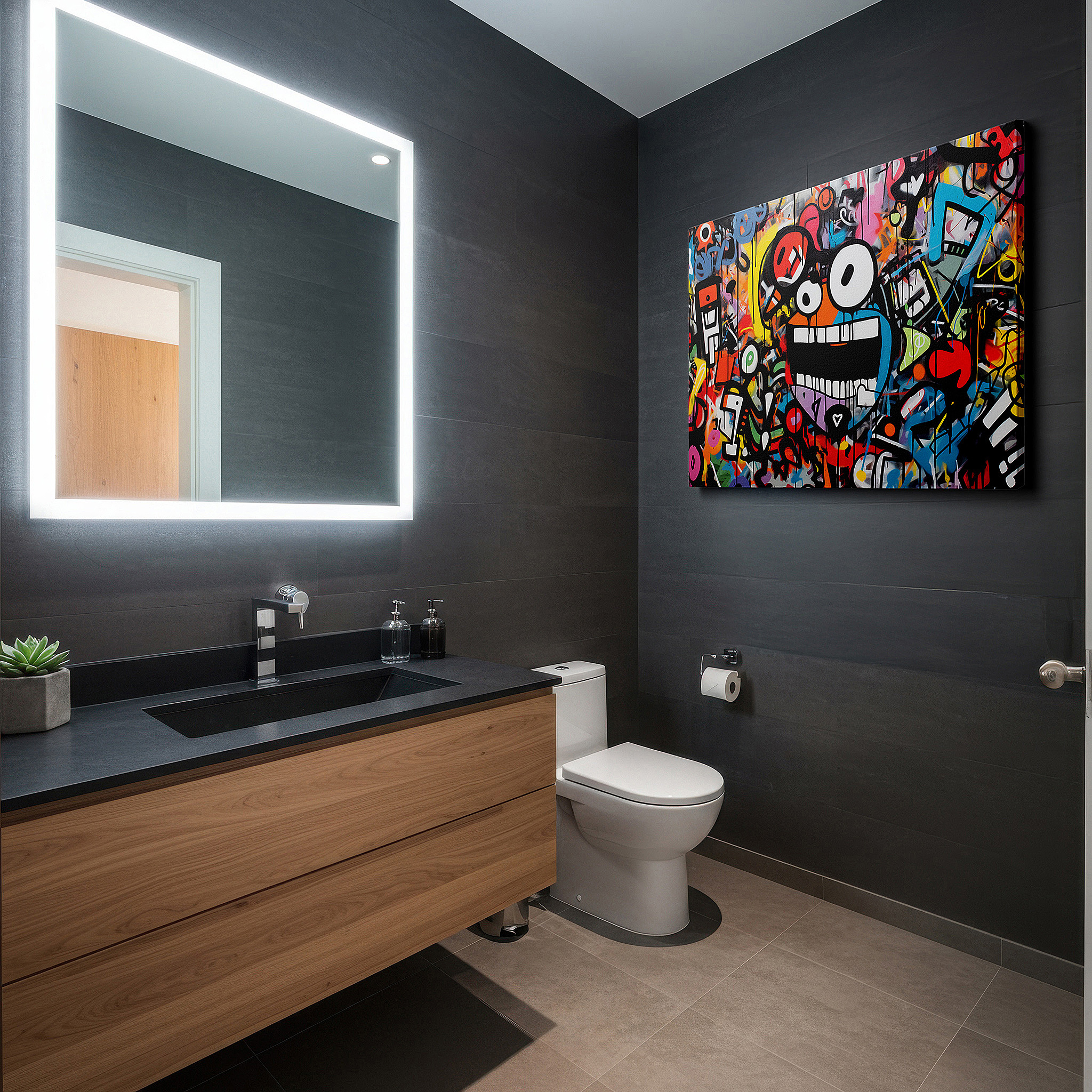 Gently illuminated by ambient lighting in an entryway — urban graffiti wall art: dynamic, vibrant, and abstract large canvas for home and office decor