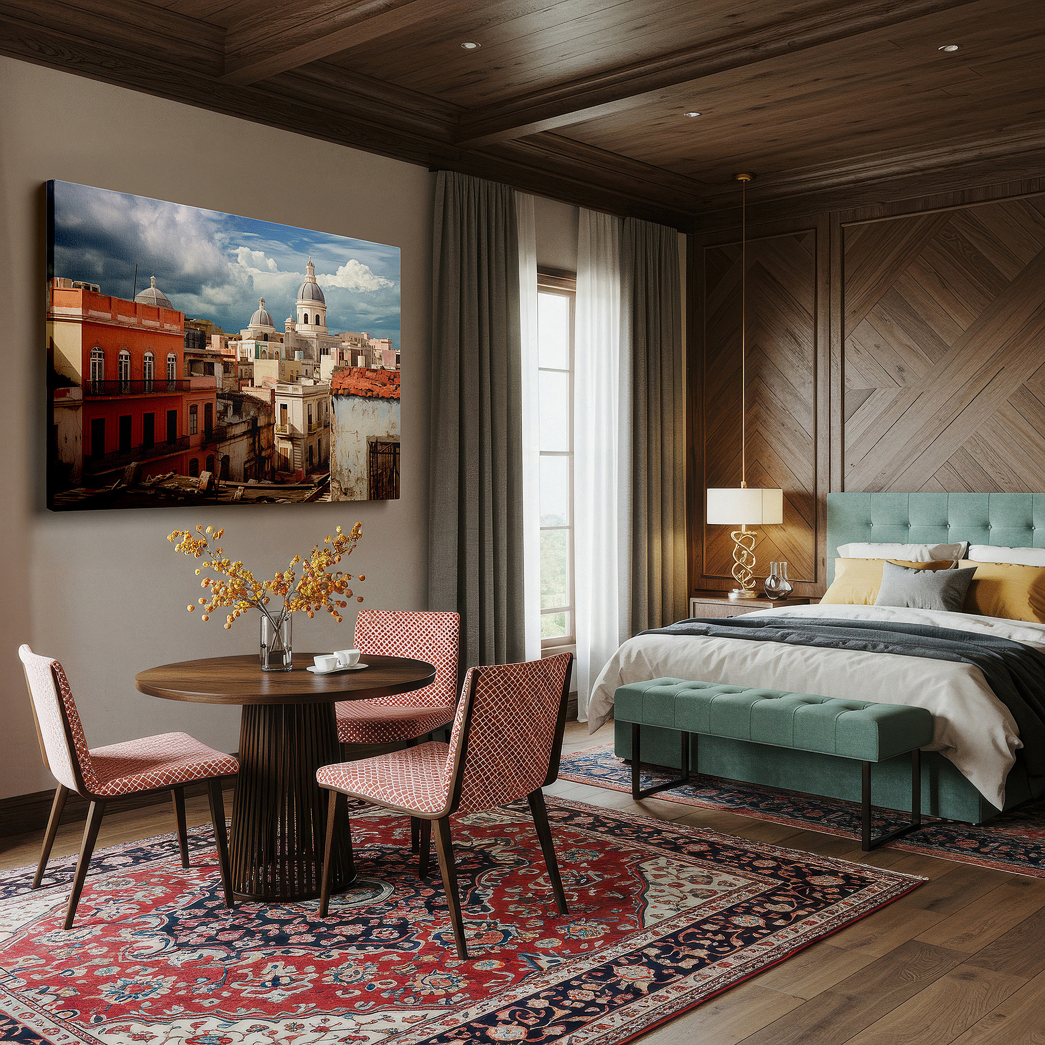 Gently illuminated by ambient lighting in an entryway — vibrant historic cityscape canvas wall art with dramatic sky for office, bedroom, and living room decor